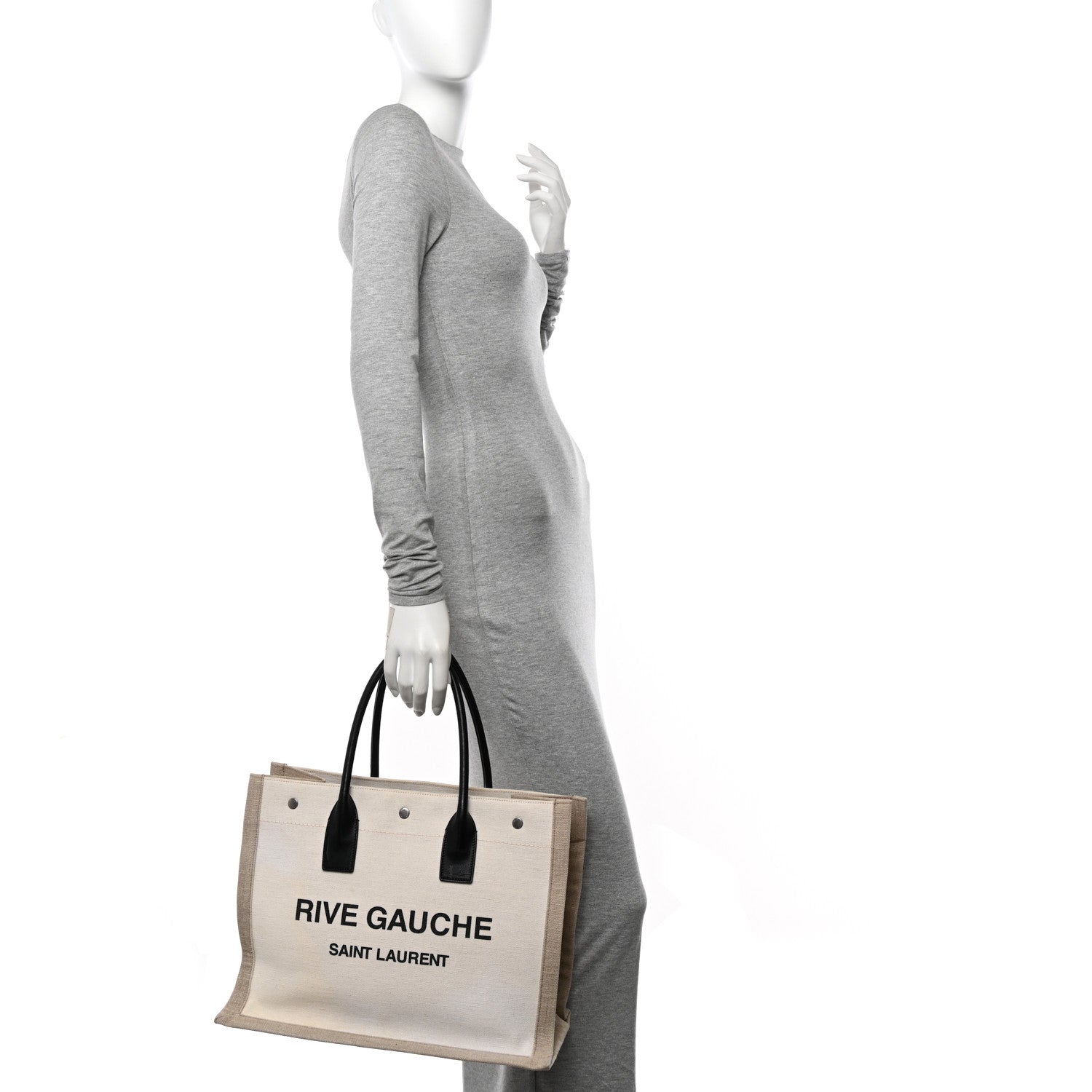 Saint Laurent Linen Calfskin Small Rive Gauche Tote Greggio Natural 2 of 12