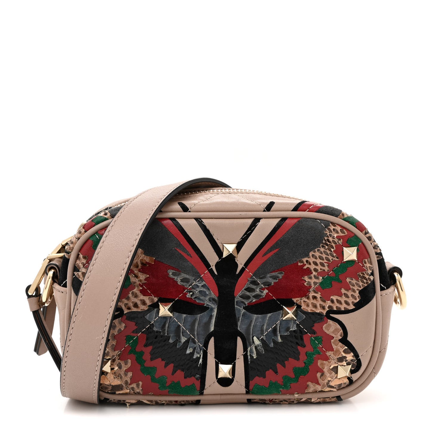 Calfskin Butterfly Embroidered Rockstud Camera Crossbody Bag Poudre