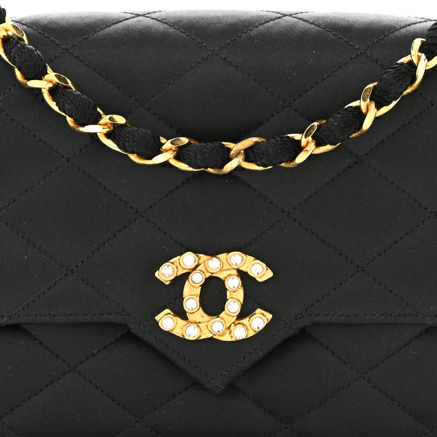 Satin Quilted Crystal CC Evening Flap Black