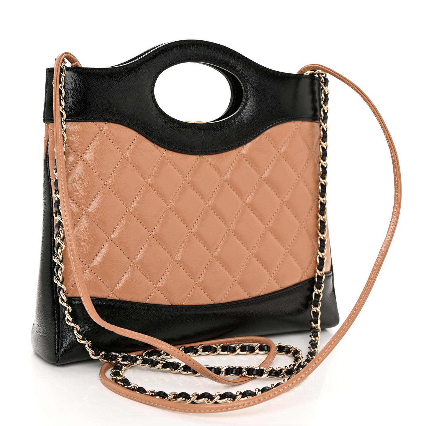 Shiny Crumpled Calfskin Quilted Mini 31 Shopping Bag Dark Beige Black
