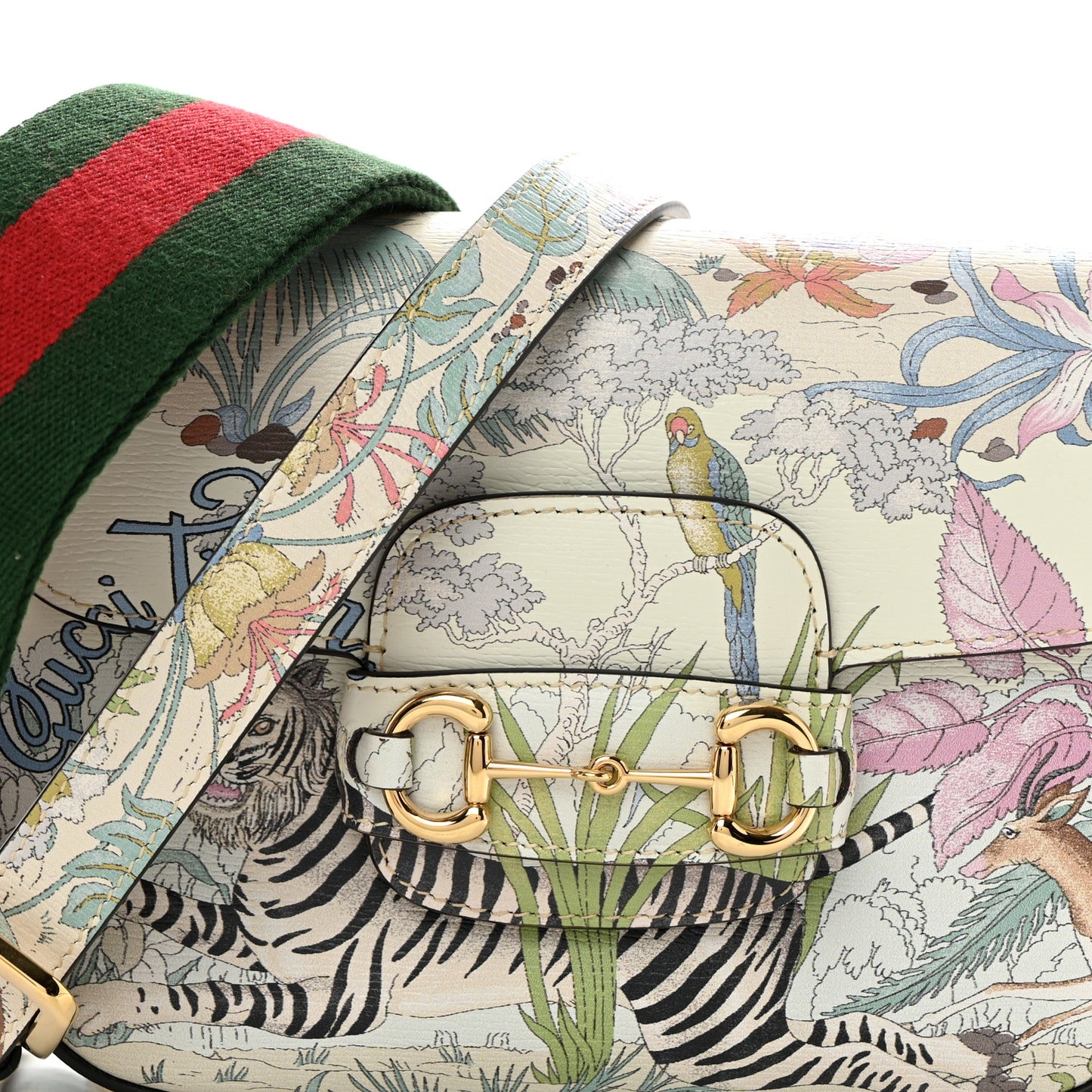 New Shangai Calfskin Tiger Savanah Web Mini Horsebit 1955 Shoulder Bag Chalky White Multicolor
