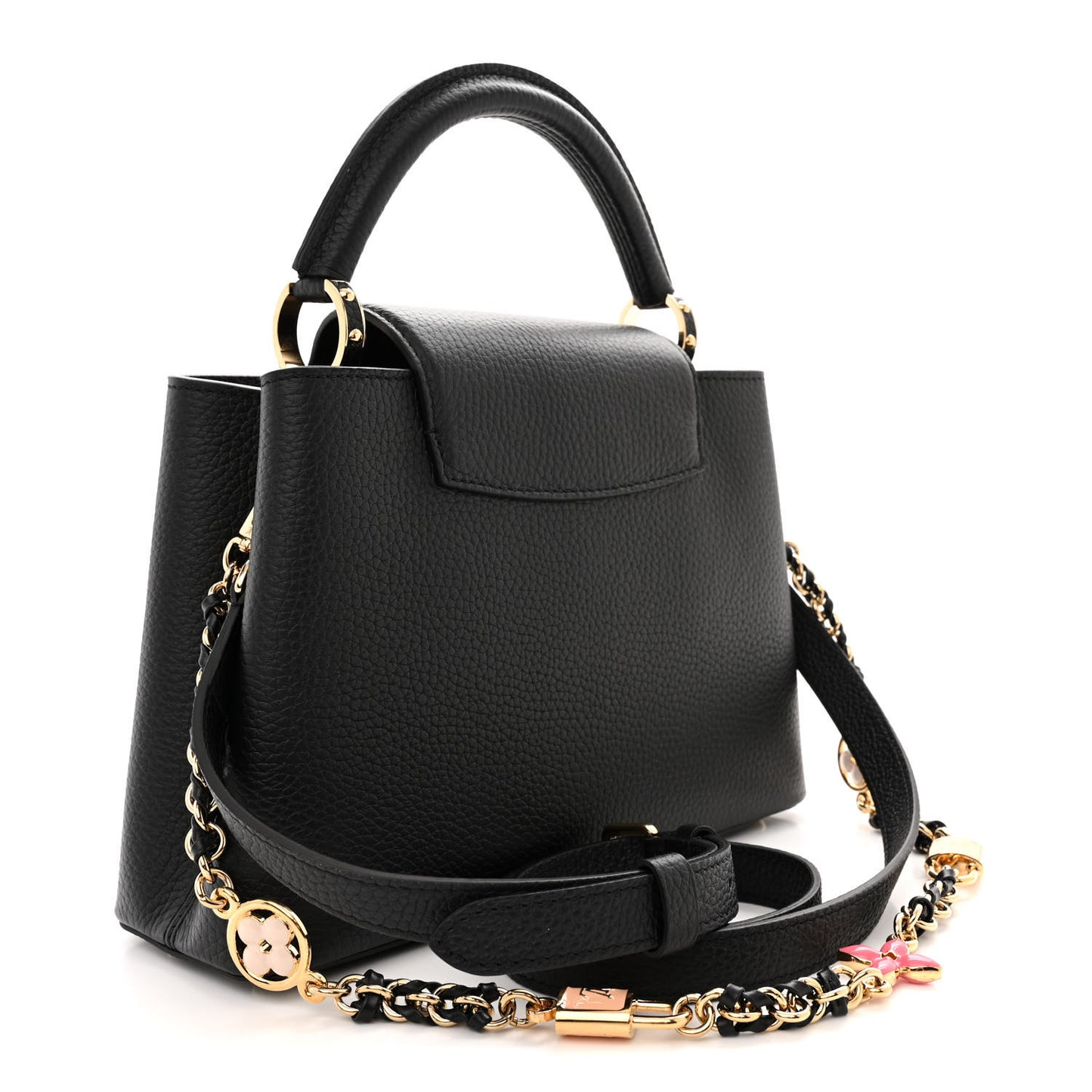 Taurillon Enamel Flower Padlock Chain Capucines BB Black