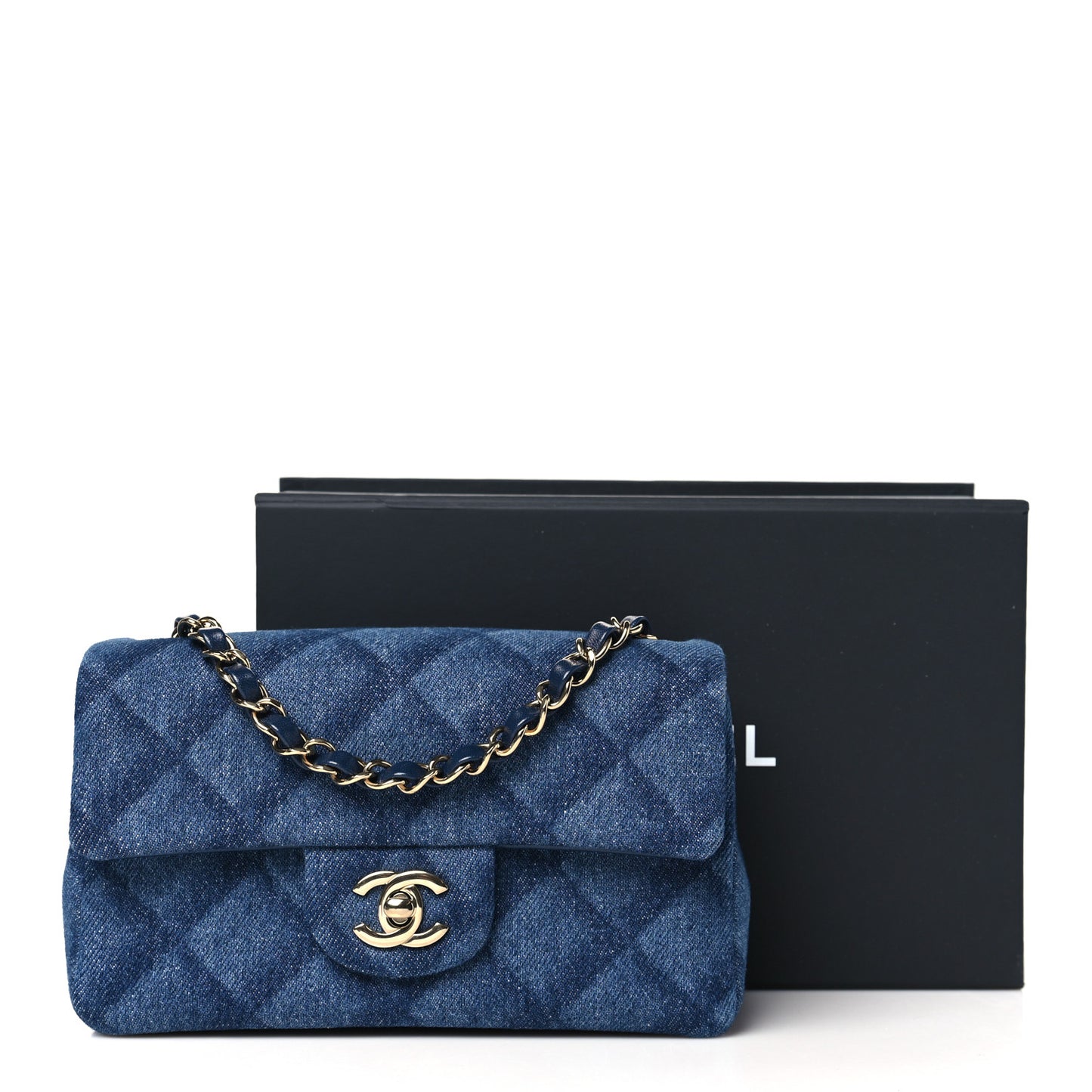 Printed Denim Quilted Mini Rectangular Flap Dark Blue