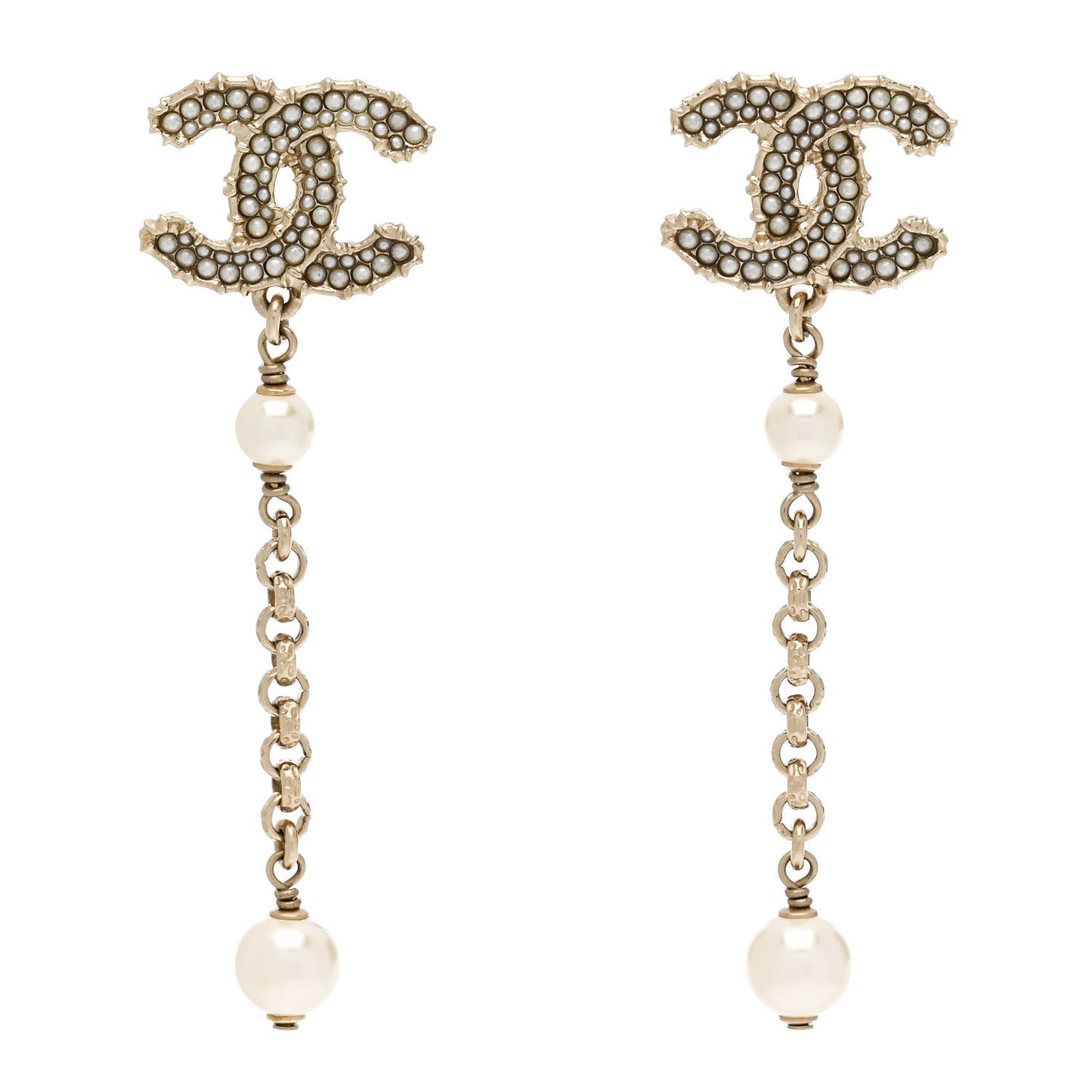 Pearl CC Chain Drop Earrings Gold