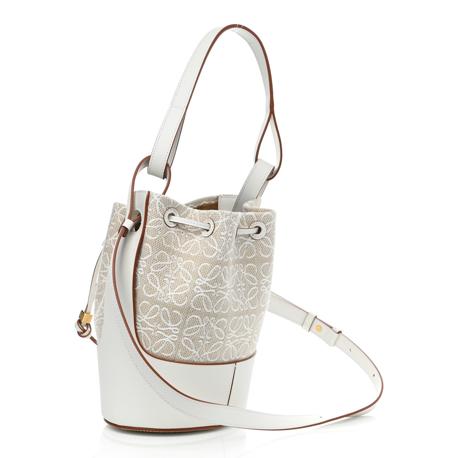 Loewe Calfskin Jacquard Linen Anagram Embroidered Small Balloon Bucket Bag Ecru White 3 of 10