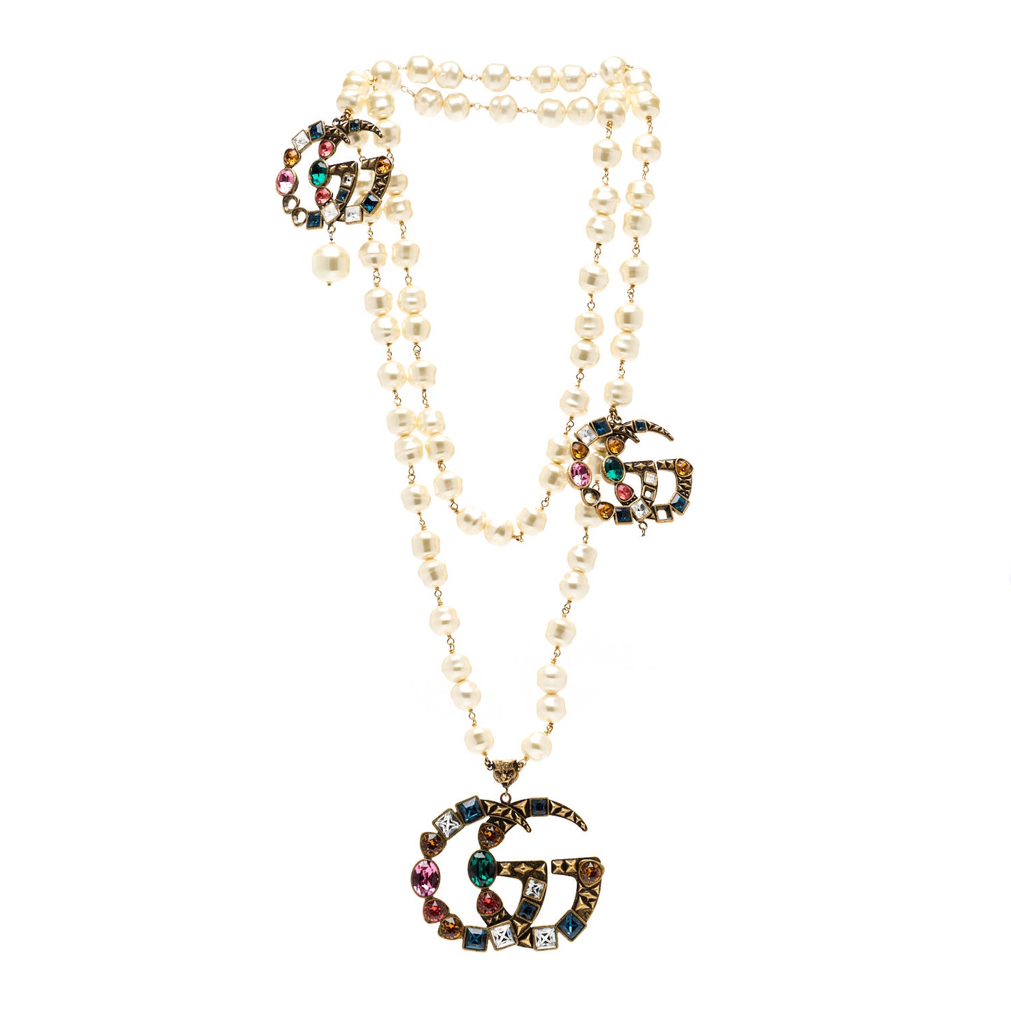 Crystal Pearl Double G Necklace Aged Gold Multicolor