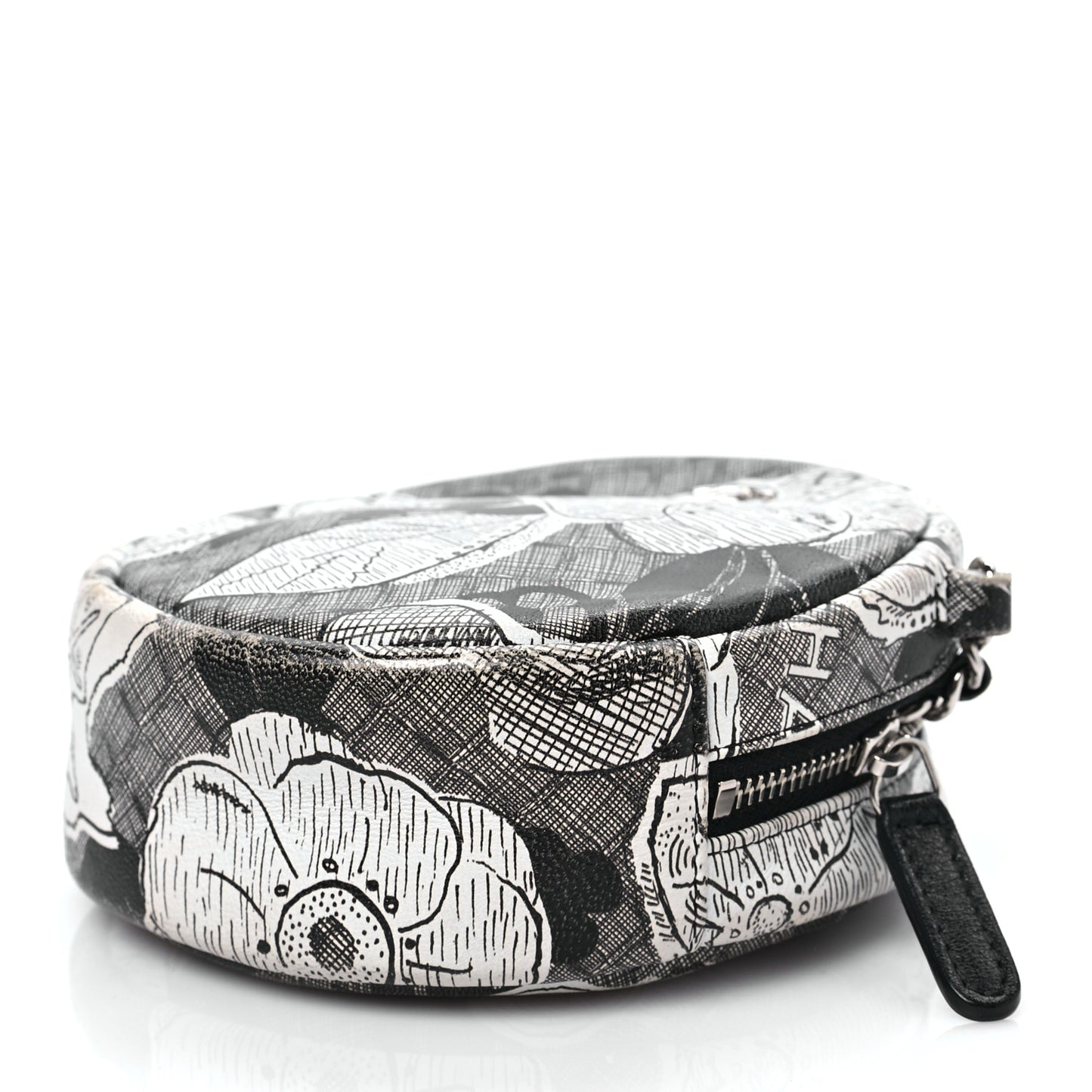 Calfskin Floral Print Round Clutch With Chain Black White