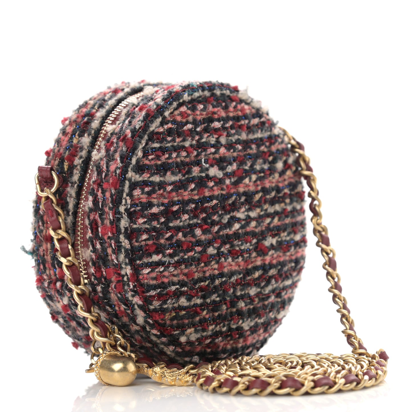 Tweed Quilted Round Clutch With Chain Red