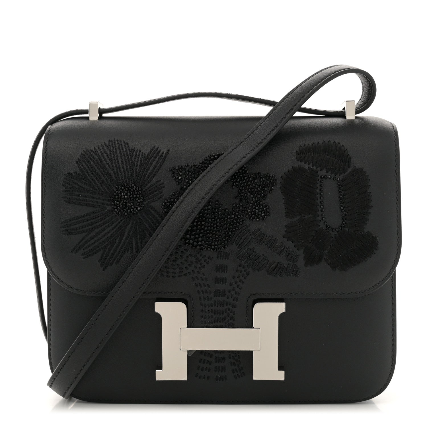 Hermes Swift Dancing Flowers Embroidered Constance 18 Black 1 of 12