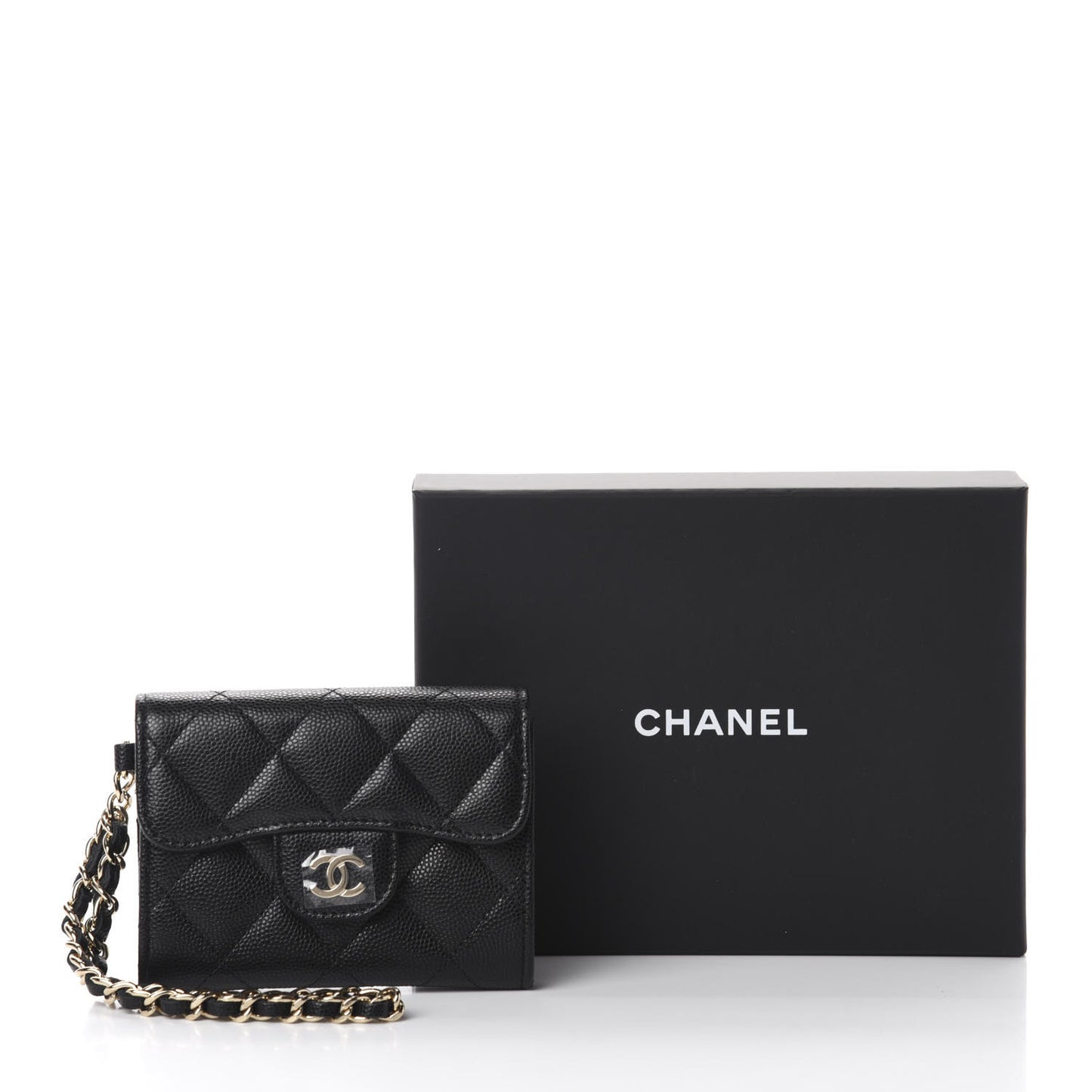 Caviar Quilted Flap Card Holder Chain Wristlet Black
