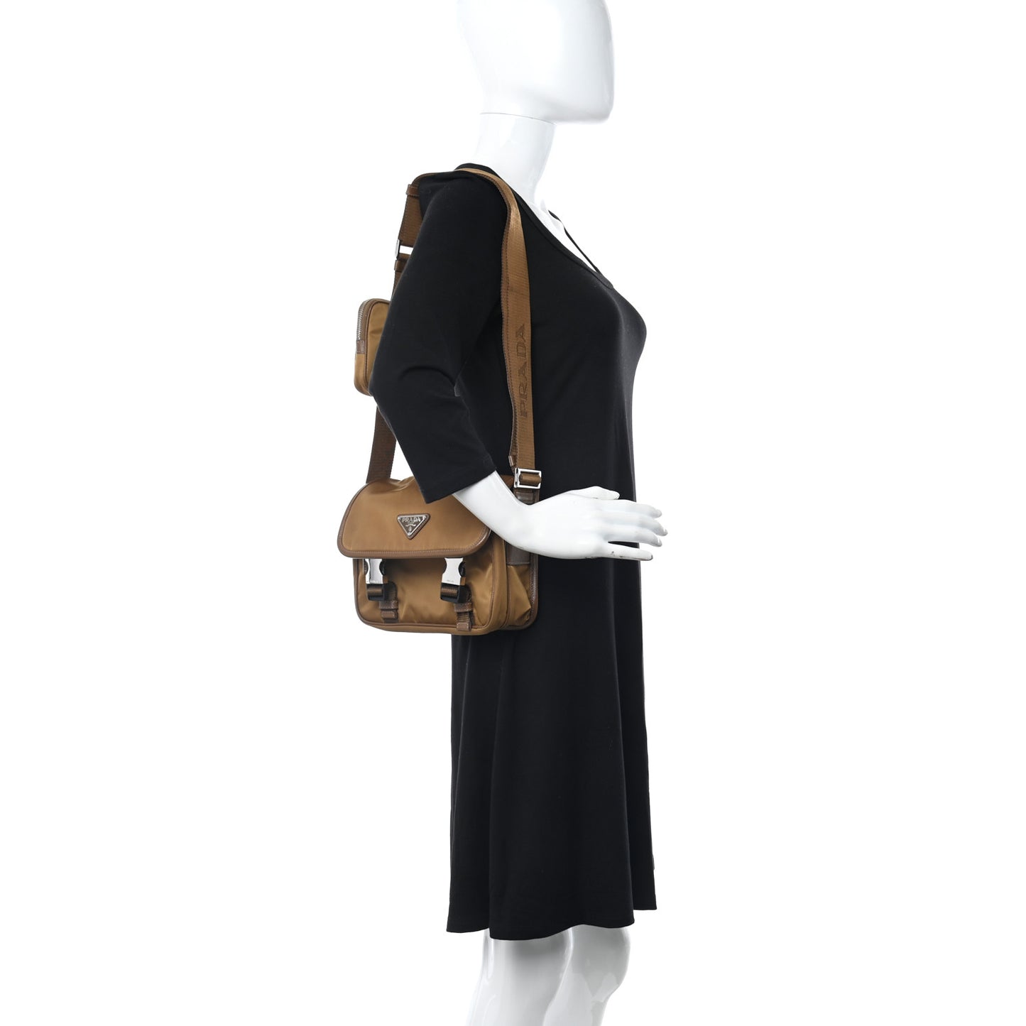 Re-Nylon Saffiano Pocket Double Snap Buckle Shoulder Bag Tabacco