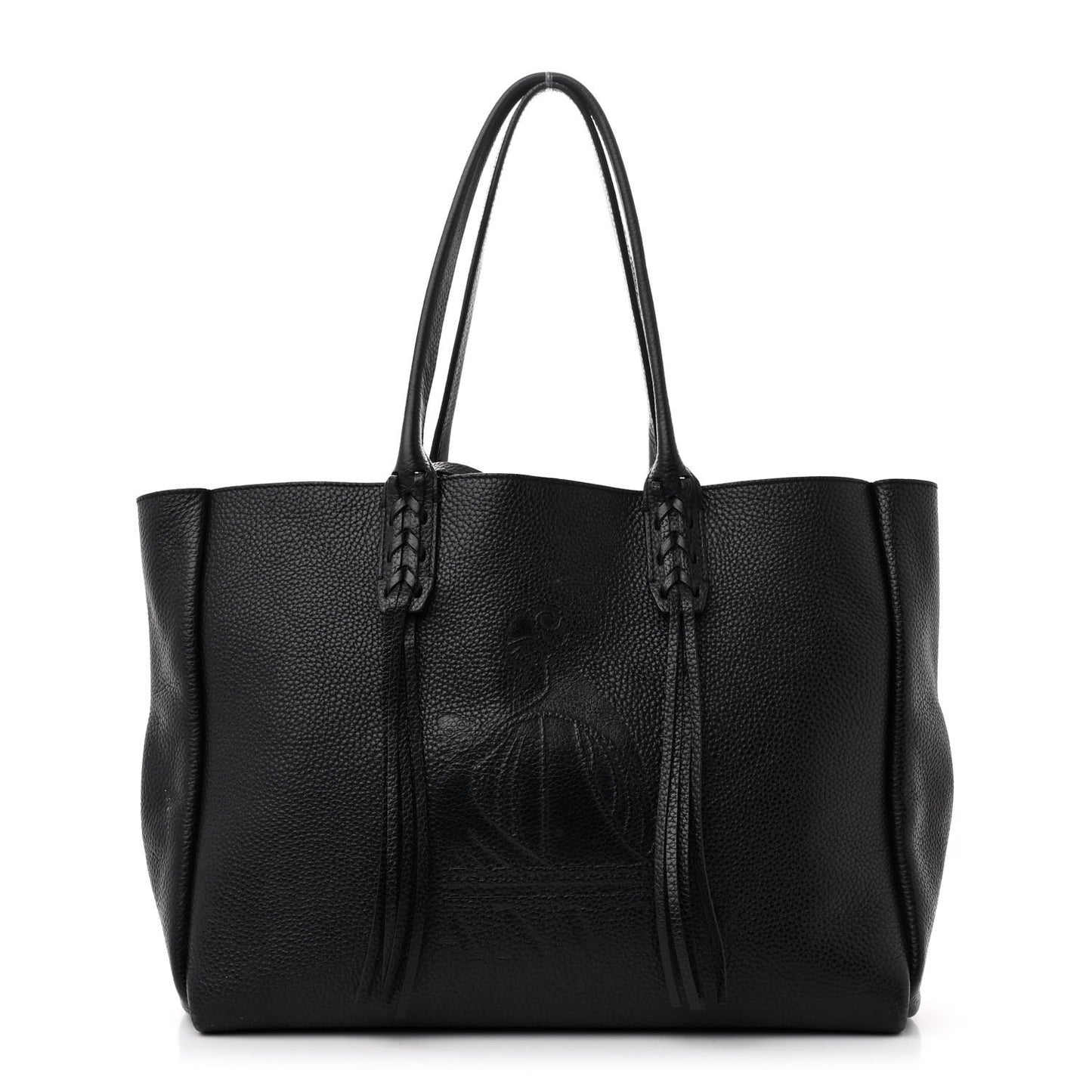 Grained Calfskin Logo Small Fringe Shopper Tote Black