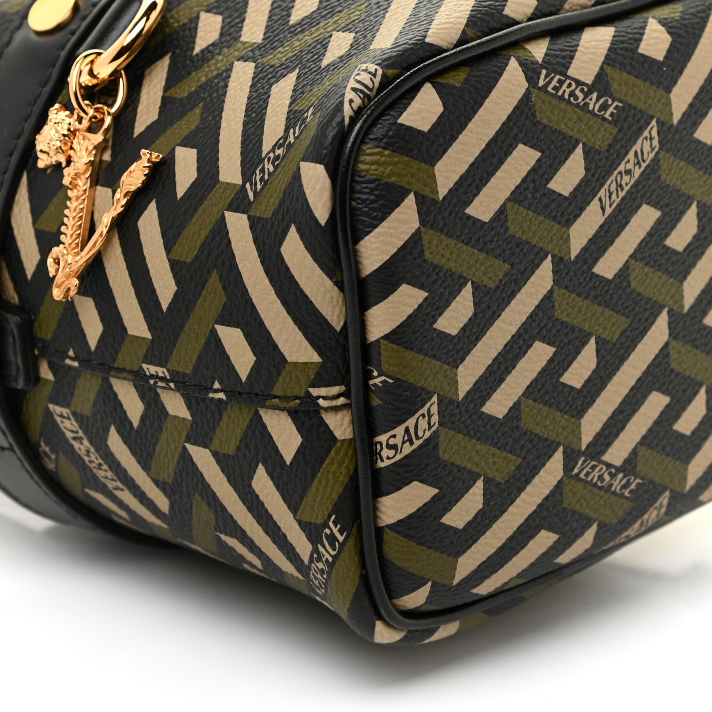 Coated Canvas La Greca Mini Bucket Bag Black Green Beige