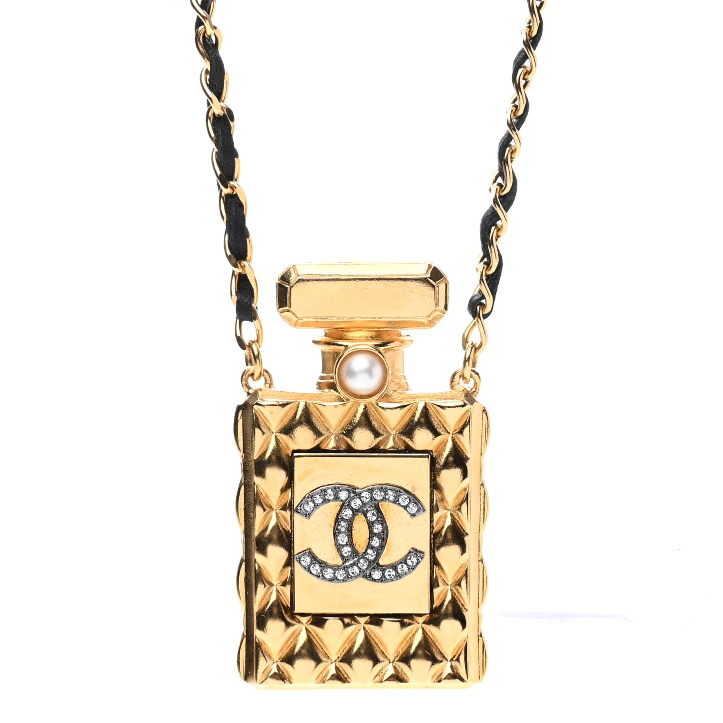 Crystal Pearl Perfume Bottle CC Necklace Black Gold