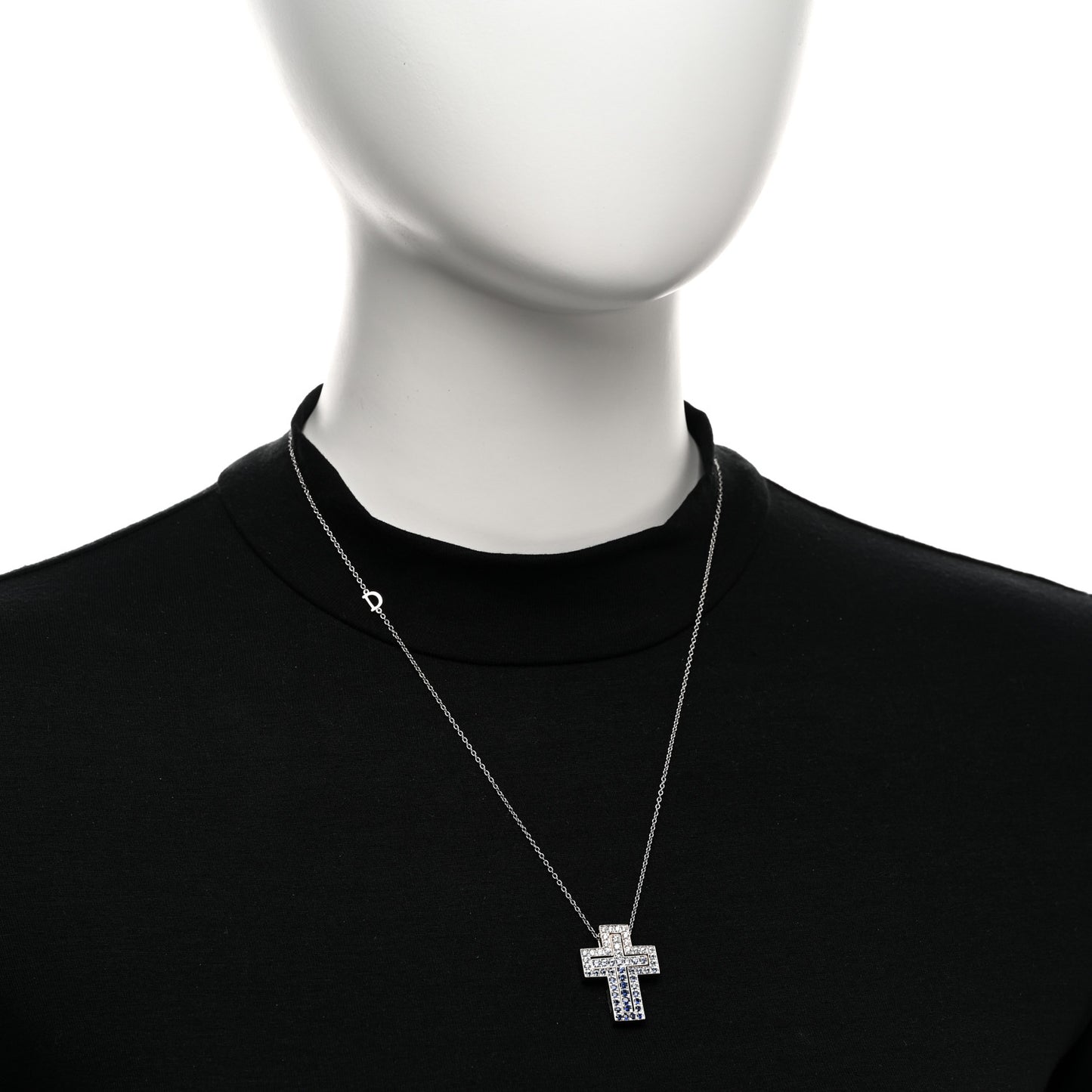 18K White Gold Diamond Blue Sapphire Belle Epoque Cross Pendant Necklace