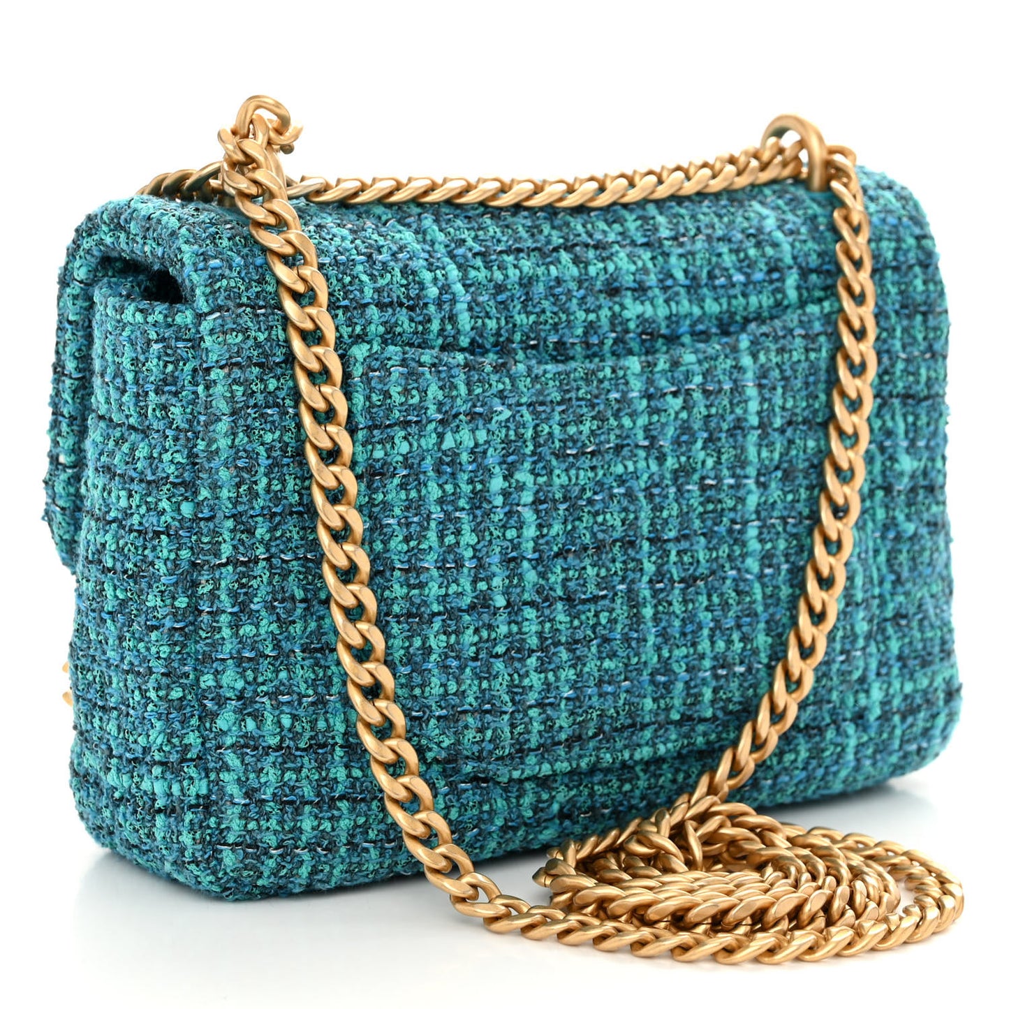 Tweed Enamel Quilted Pending CC Mini Square Flap Blue Green