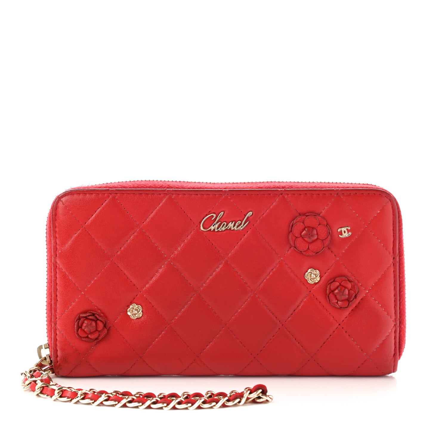 Lambskin Quilted Camellia Zip Around Wristlet Wallet Red