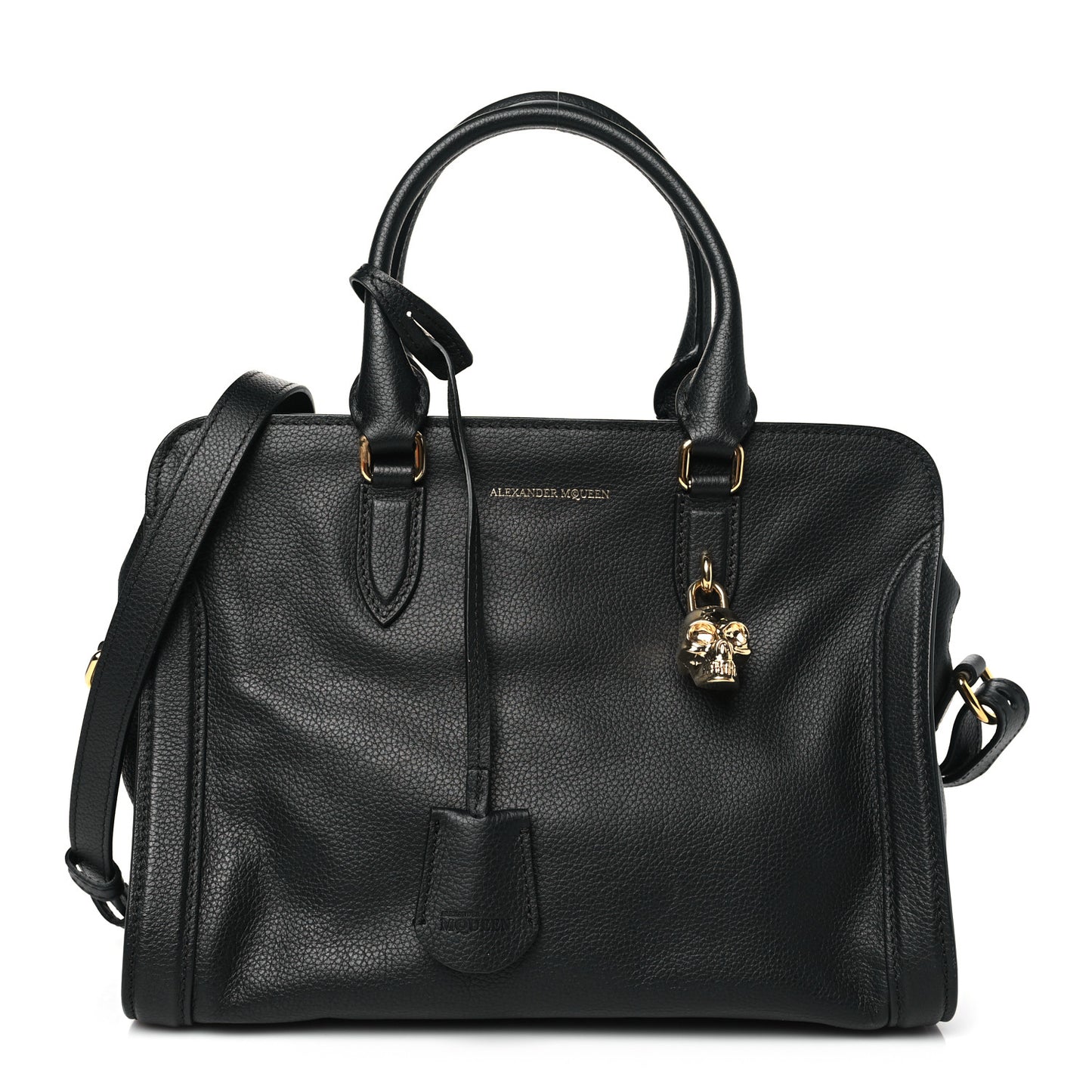 Pebbled Calfskin Small Skull Padlock Zip Around Tote Black