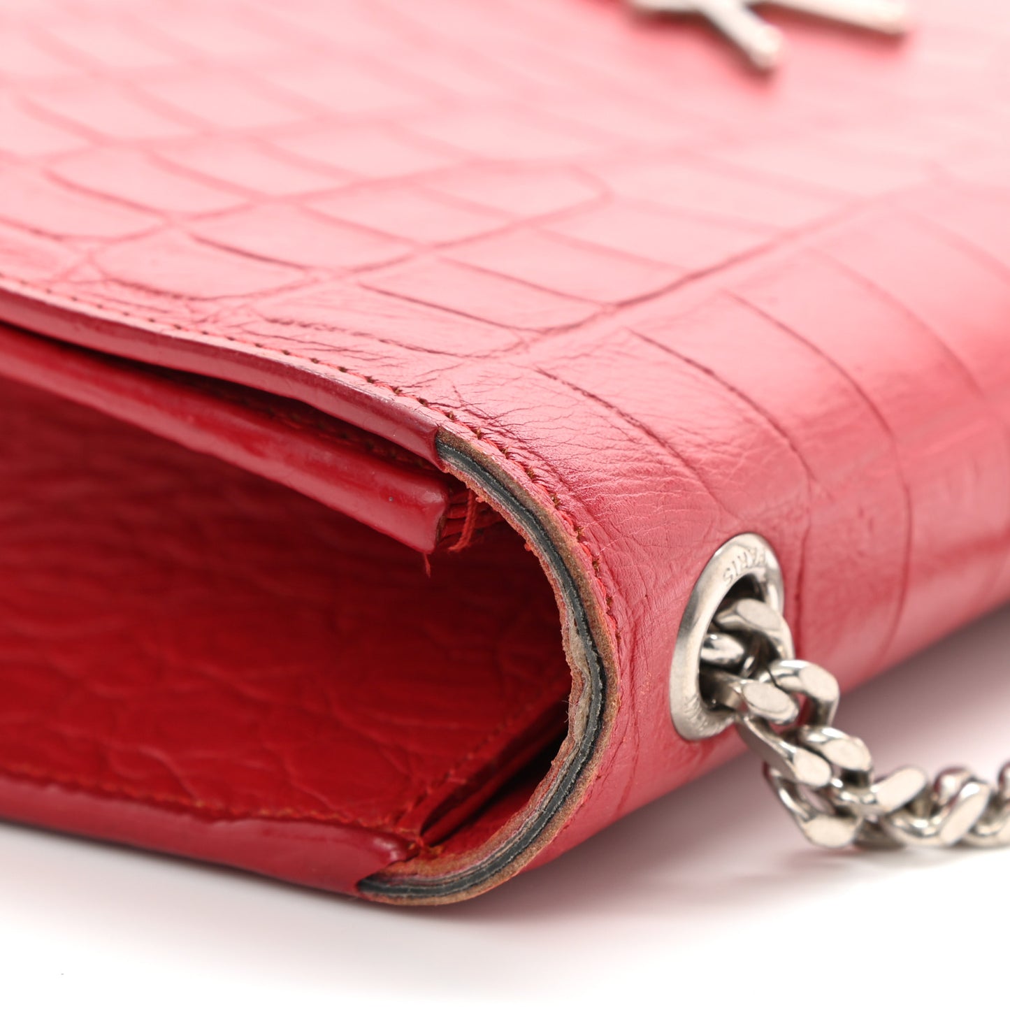 Calfskin Crocodile Embossed Medium Classic Monogram Kate Tassel Satchel Red