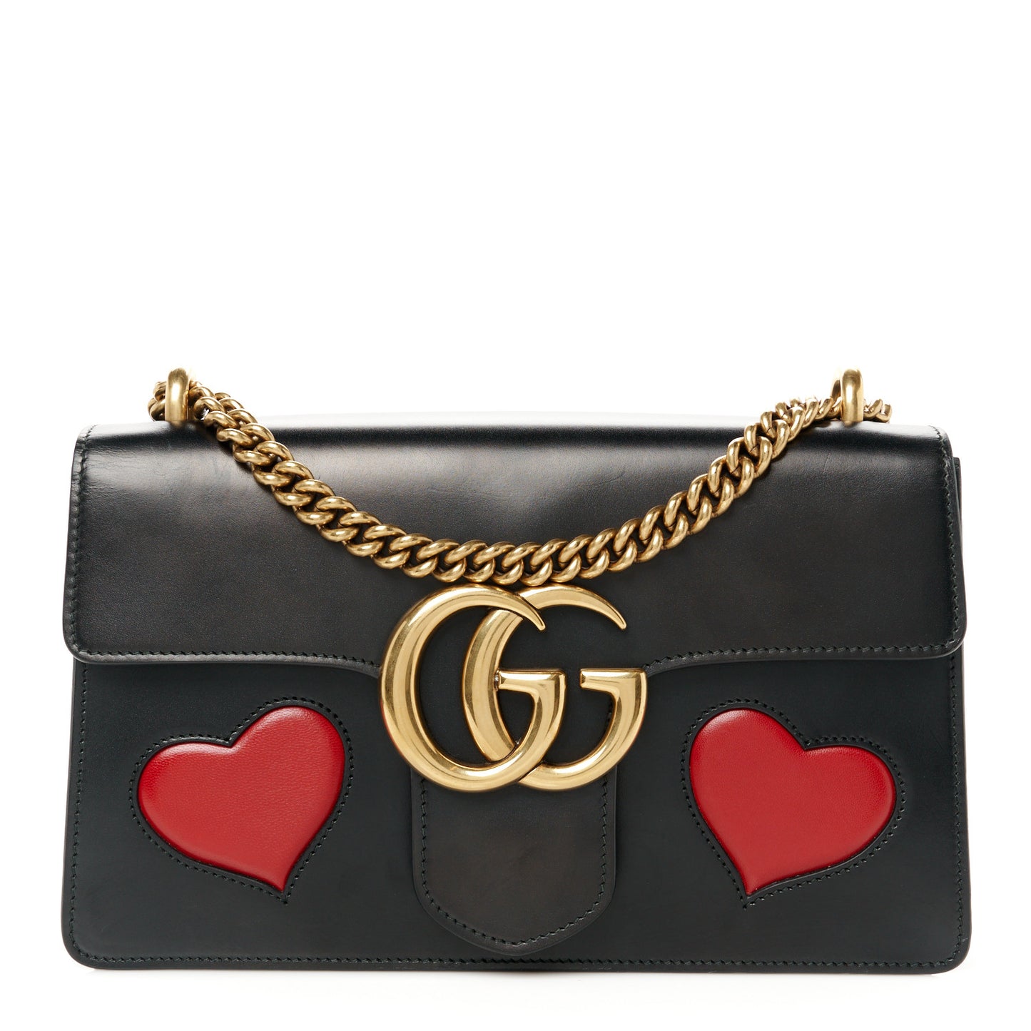 Knight Calfskin Malaga Kid Heart Medium GG Marmont Chain Handle Bag Black Hibiscus Red Multicolor