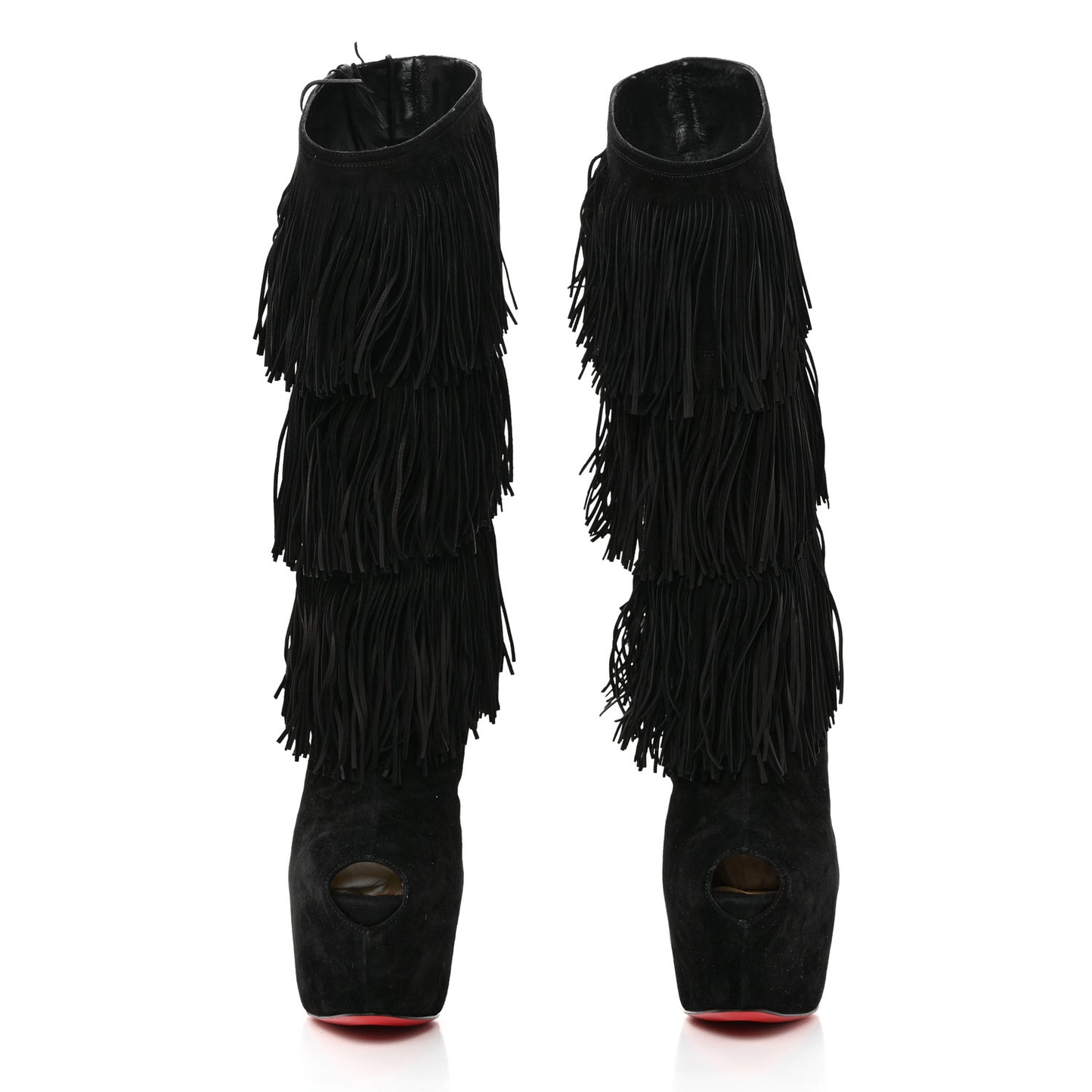 Suede Highness Tina Fringe Platform Peep Toe Boots 37.5 Black