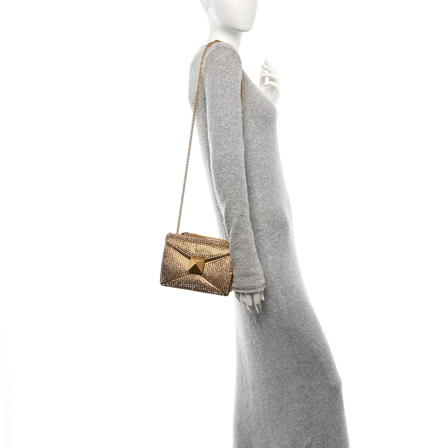 Crystal Embellished Metallic Calfskin Small One Stud Clutch With Chain Sunshine Gold