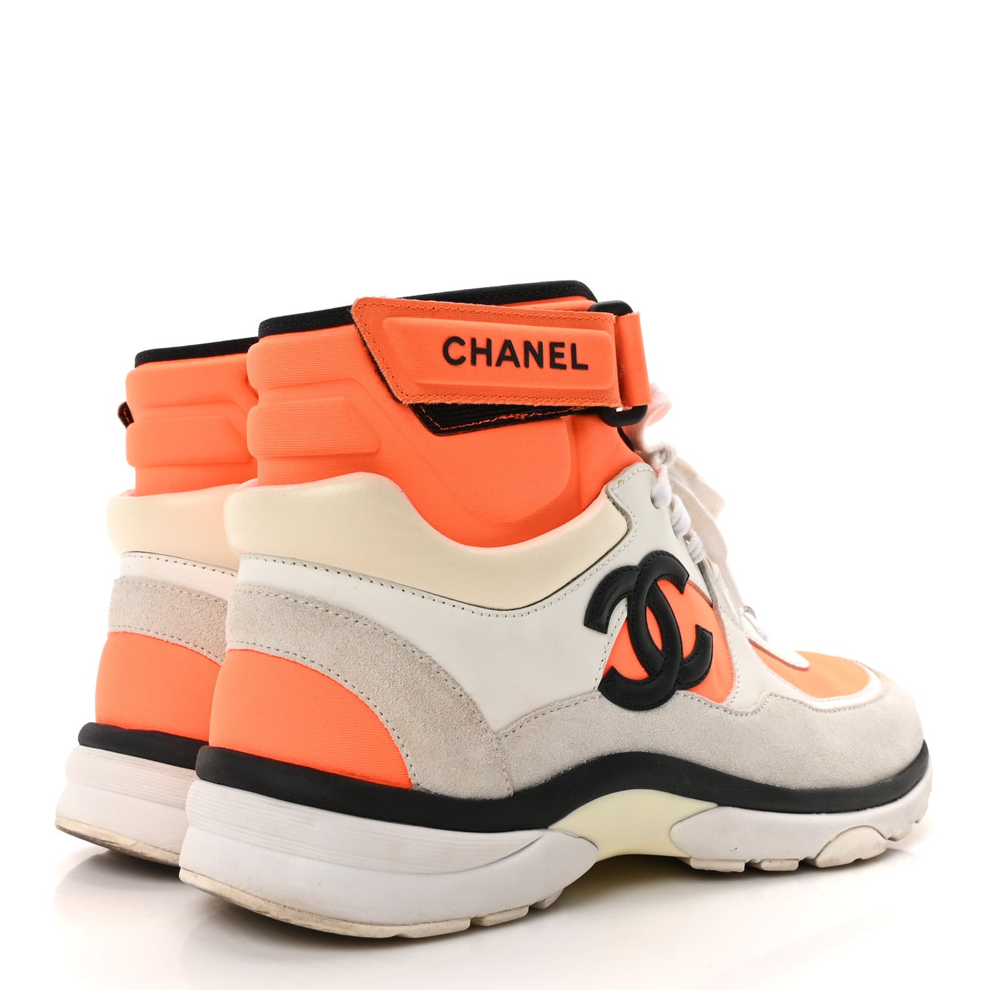 Suede Calfskin Lambskin Neoprene High Top CC Sneakers 36.5 White Fluo Orange