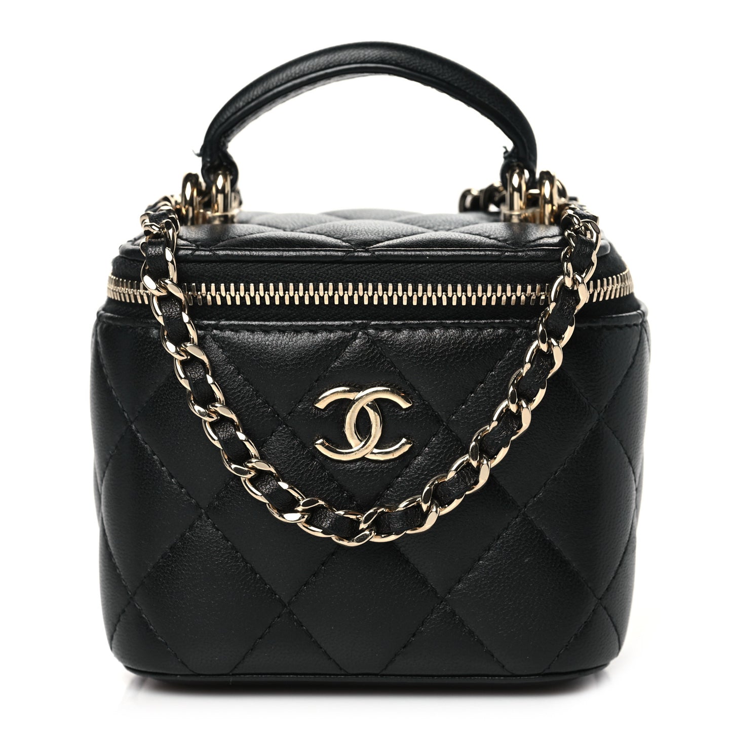 Lambskin Quilted Top Handle Mini Vanity Case With Chain Black