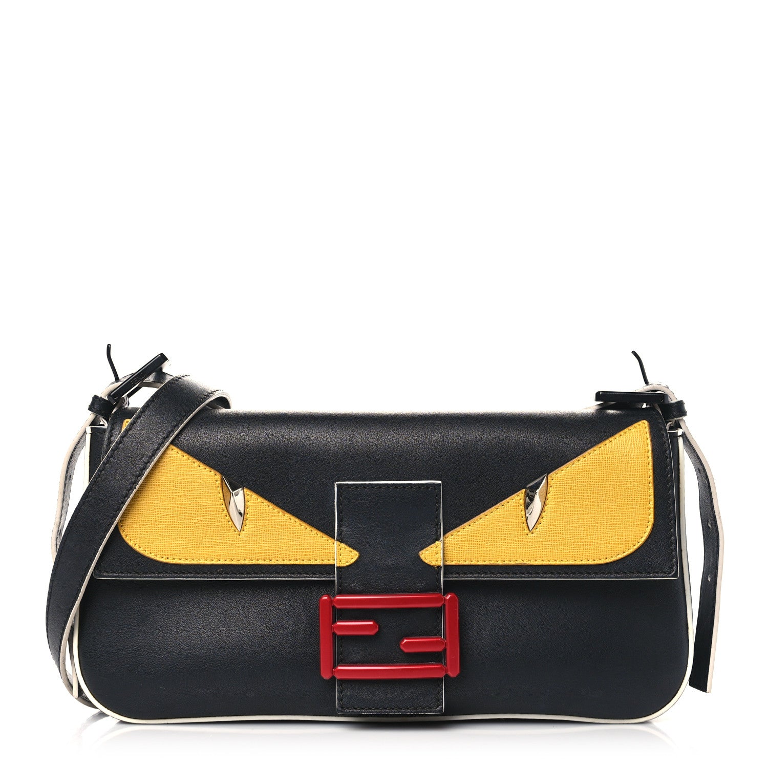 Fendi Vitello Dolce Elite Monster Eyes Bi-Color Baguette Black Yellow 1 of 12