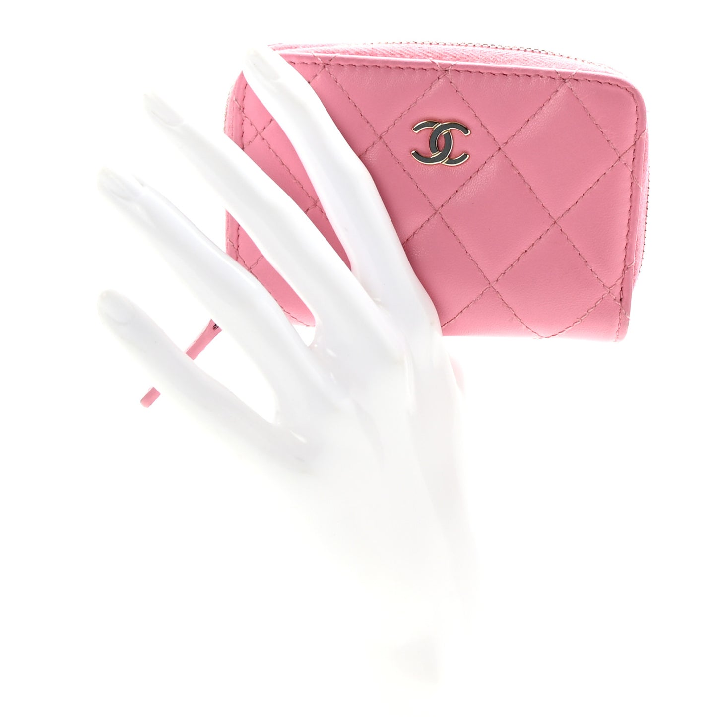 Lambskin Quilted Zip Around Coin Purse Wallet Pink
