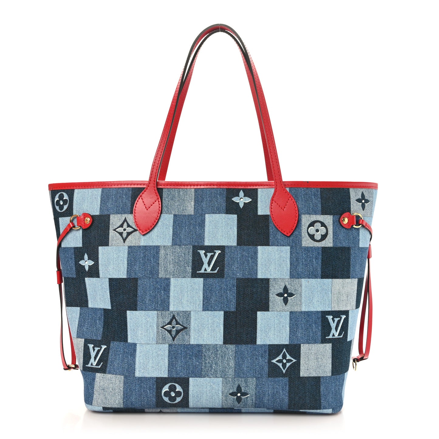 Denim Damier Monogram Patchwork Neverfull Blue Rouge