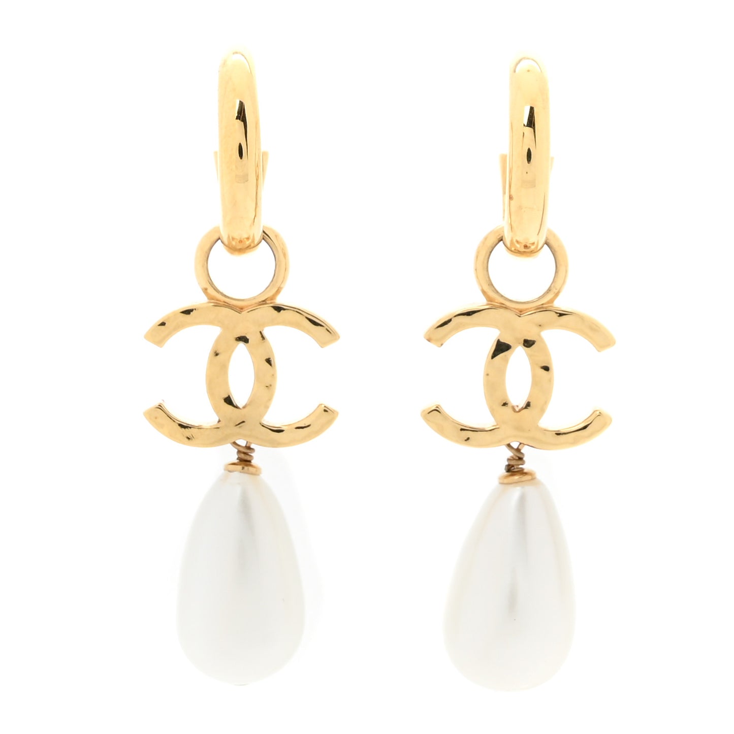 Pearl CC Hoop Drop Earrings Gold Pearly White