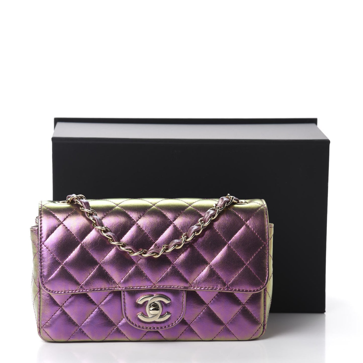 Iridescent Lambskin Quilted Mini Rectangular Flap Purple
