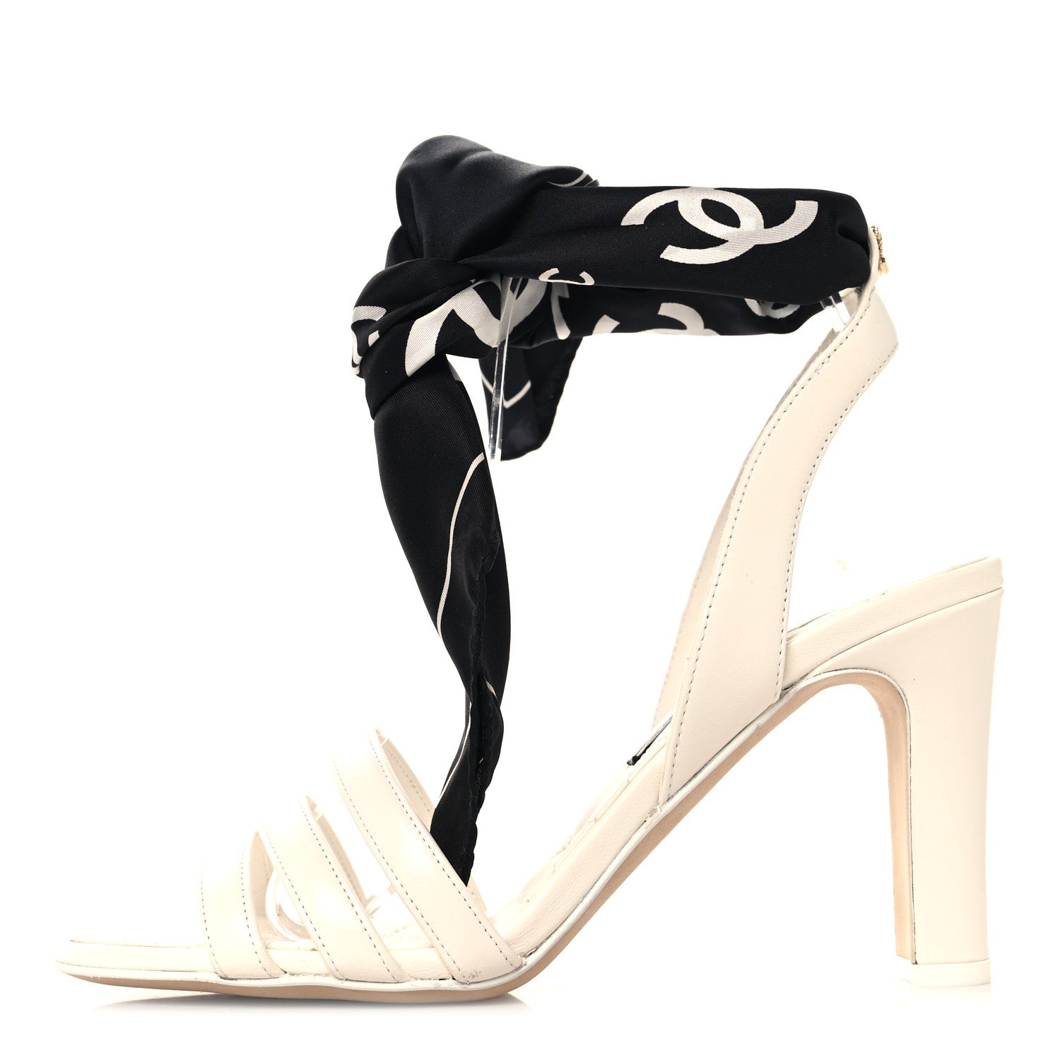 Chanel Lambskin Silk CC Wrap Ankle Sandals 38 White Black 1907692