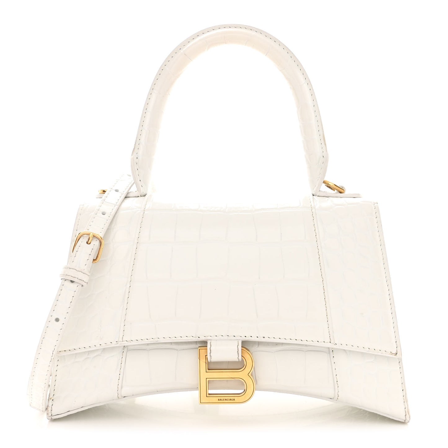 Shiny Calfskin Crocodile Embossed Small Hourglass Top Handle Bag White