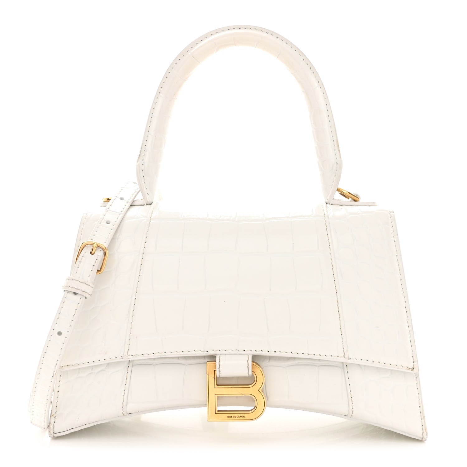 Balenciaga Shiny Calfskin Crocodile Embossed Small Hourglass Top Handle Bag White 1 of 13
