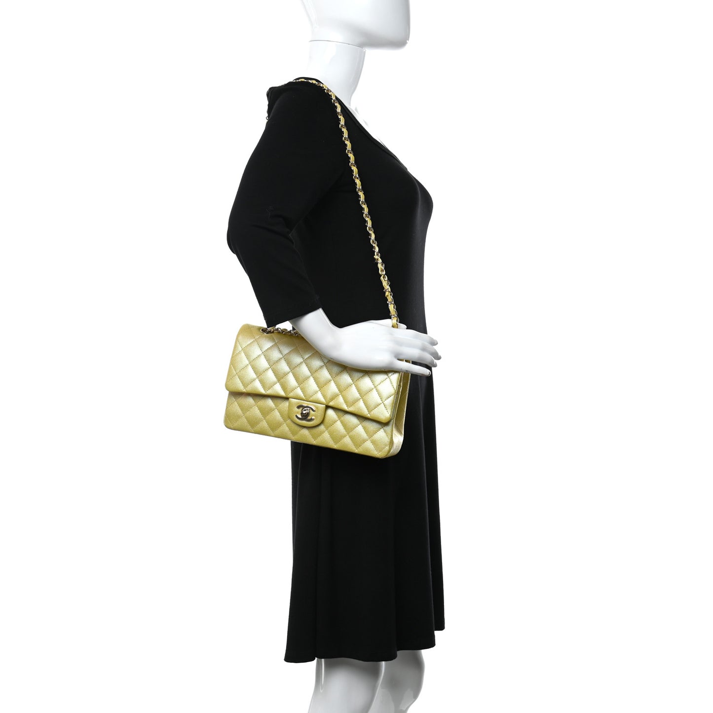 Iridescent Caviar Quilted Medium Double Flap Yellow
