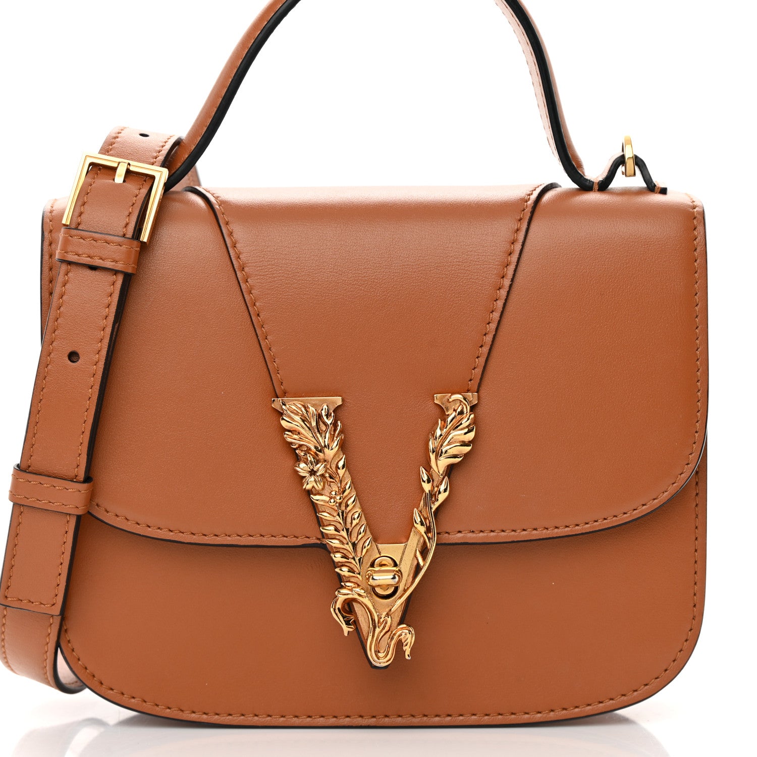 Versace Vitello Barocco Virtus V Small Top Handle Shoulder Bag Brown 9 of 19