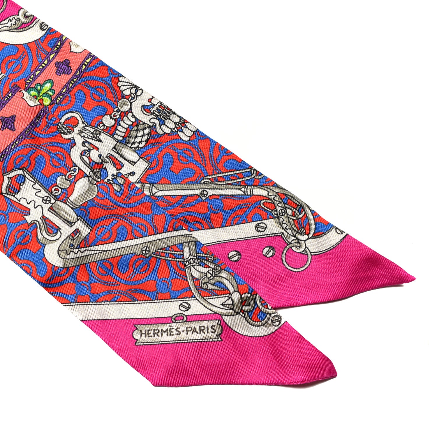Hermes Silk Mors Et Gourmettes Remix Twilly Fuchsia Bleu Corail 2 of 4