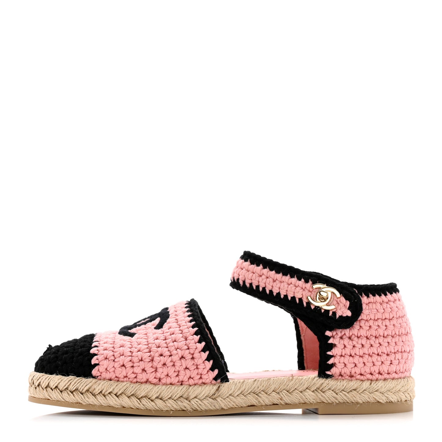 Braided Knit Cap Toe CC Ankle Strap Espadrilles 37 Light Pink Black
