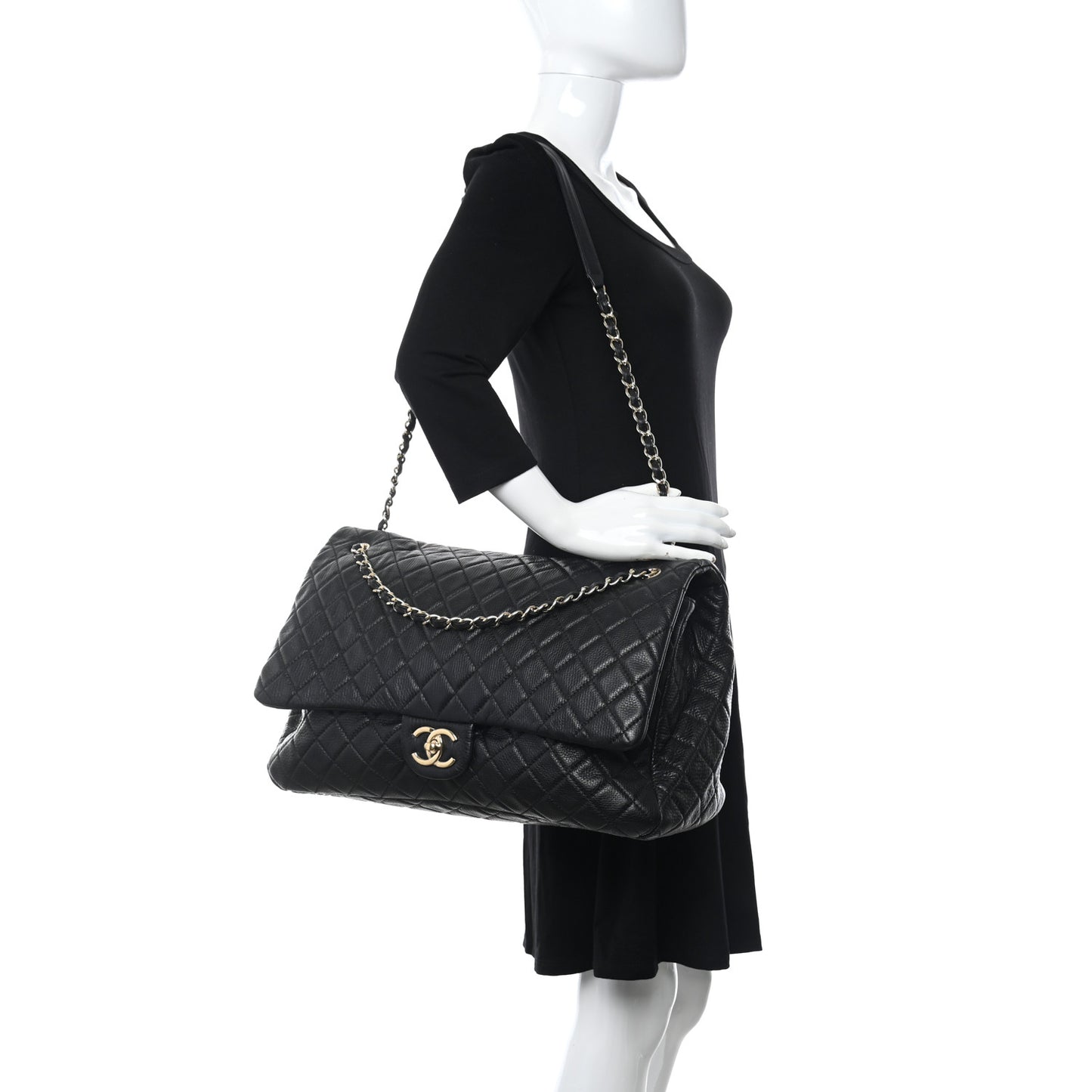 Calfskin Quilted XXL Travel Flap Bag Black