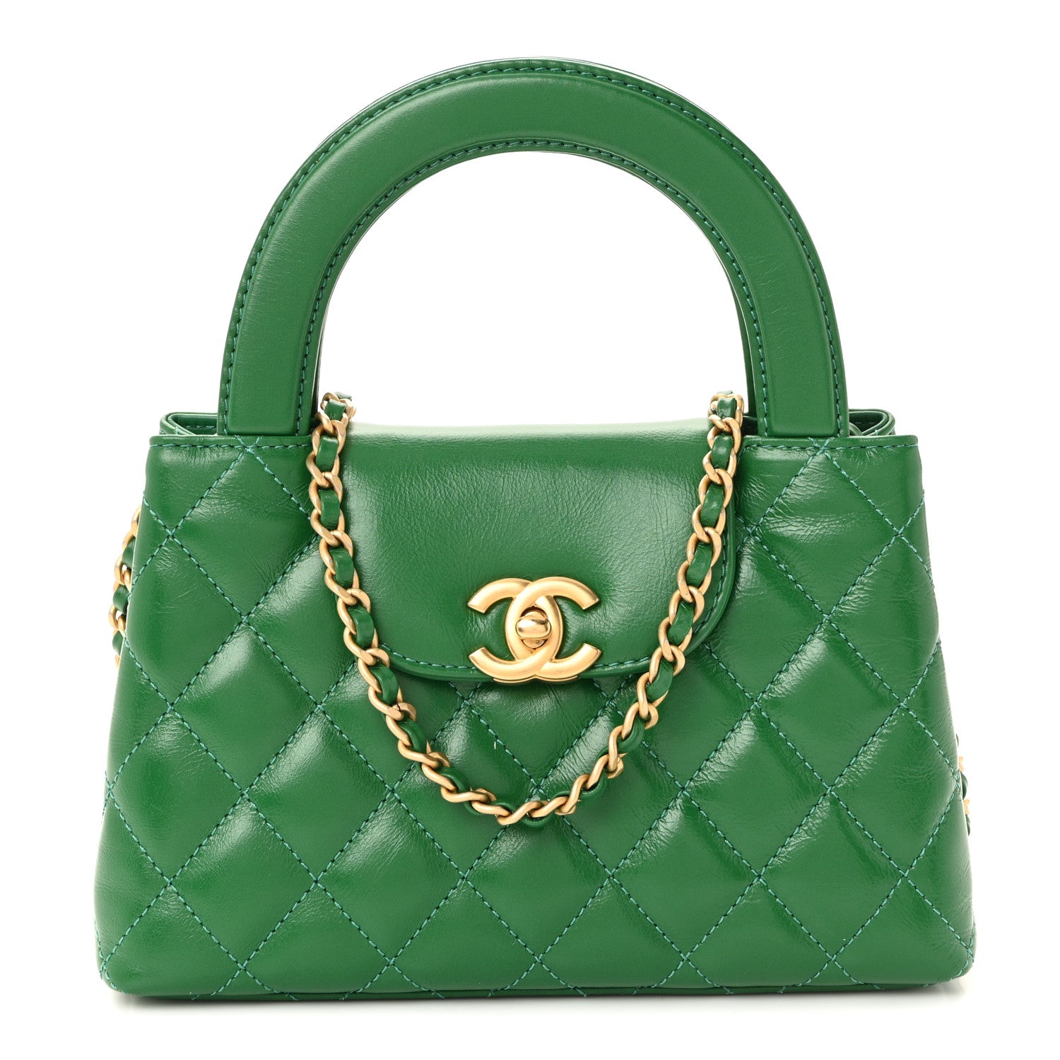 Chanel Shiny Aged Calfskin Quilted Nano Kelly Shopper Green