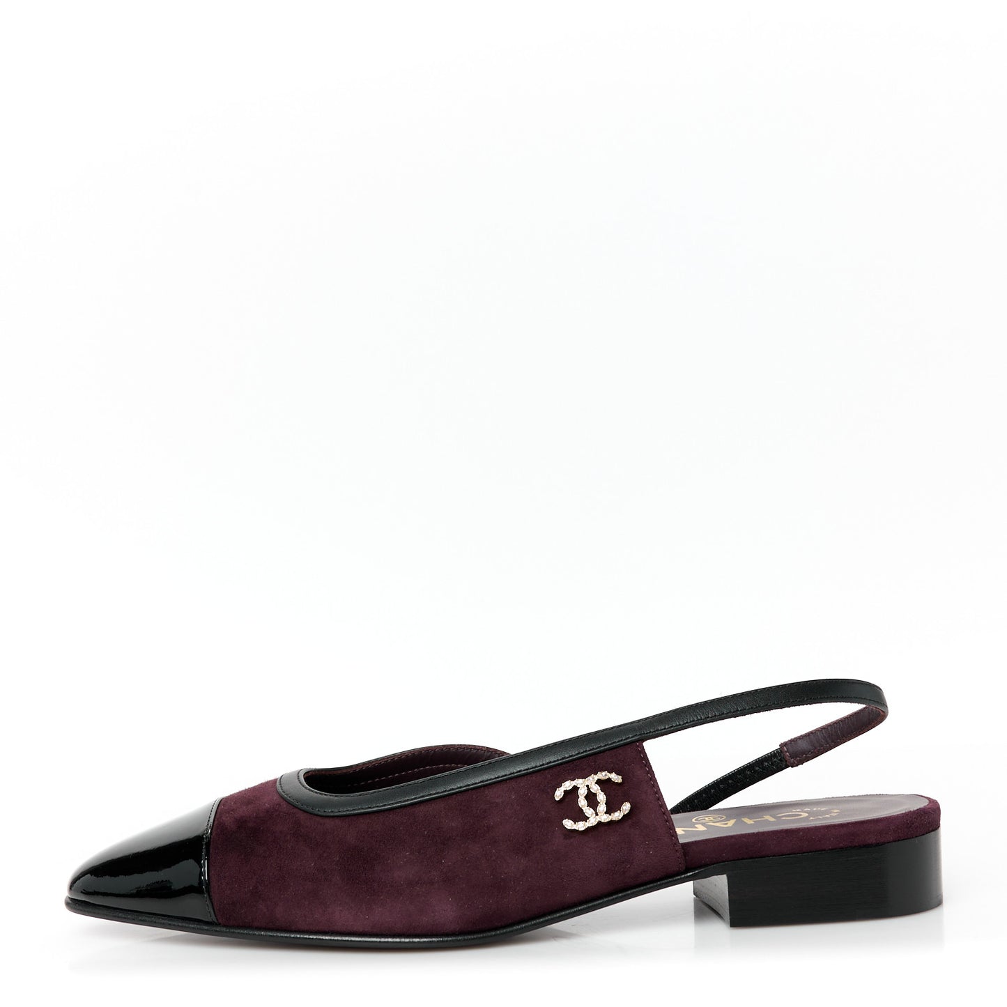 Suede Patent Crystal CC Cap Toe Slingback Flats 37.5 Burgundy Black