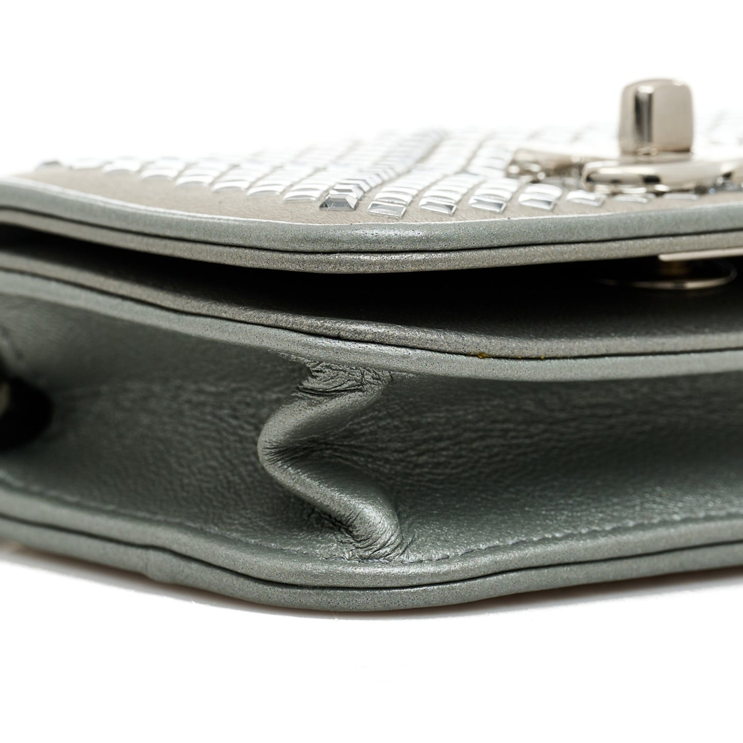 Metallic Lambskin Crystal Quilted Mini Chain Belt Bag Silver