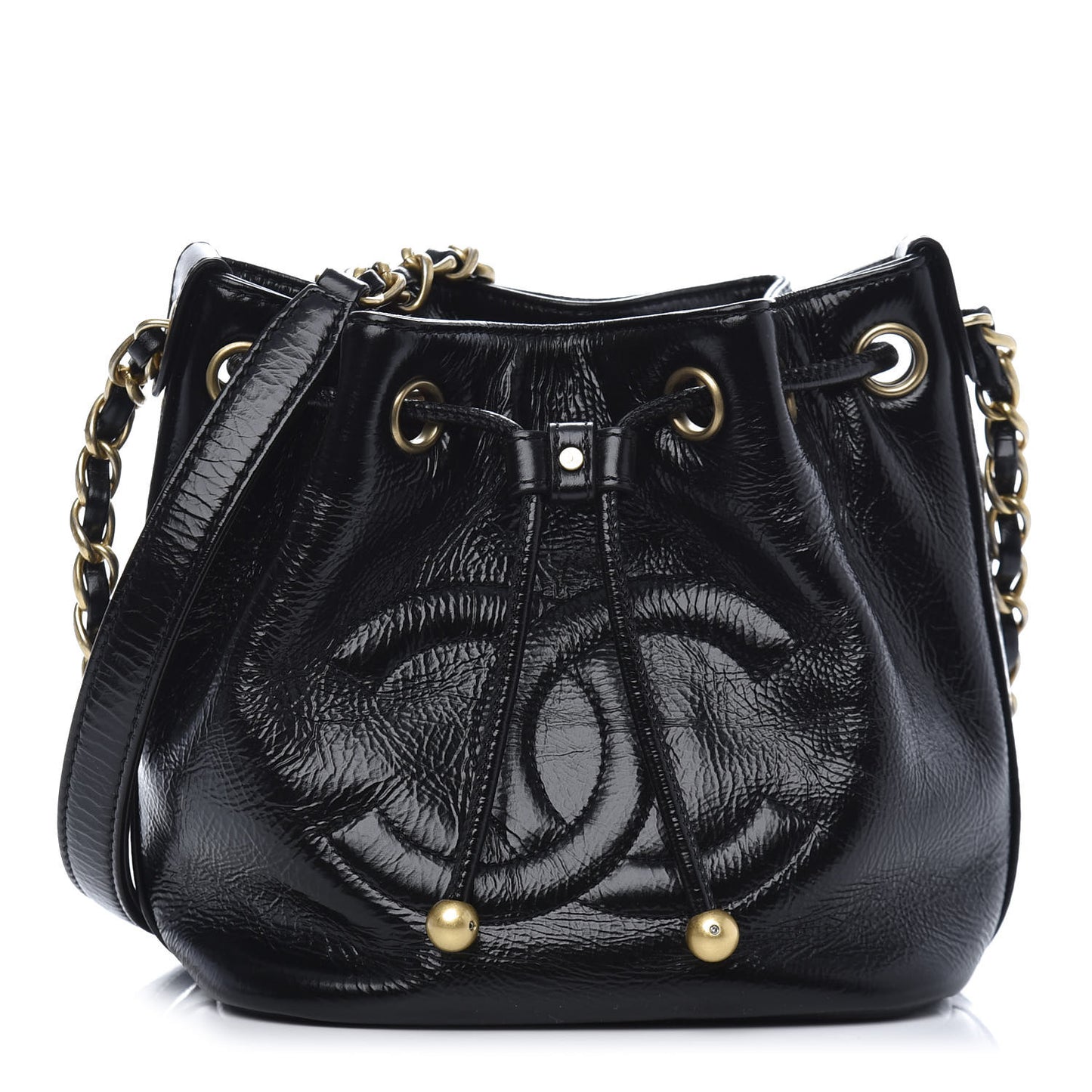 Shiny Aged Calfskin CC Chain Mini Drawstring Bag Black