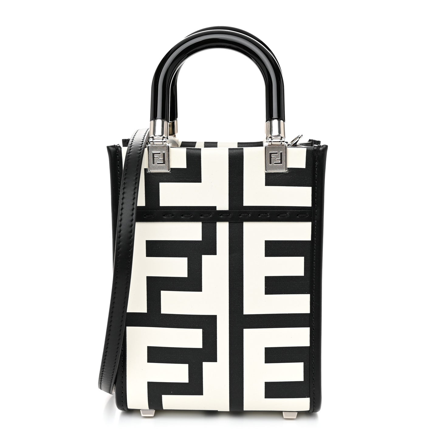 X MARC JACOBS Vitello King Plexiglass Logo Print Mini Fendi Sunshine Shopper Tote Black White