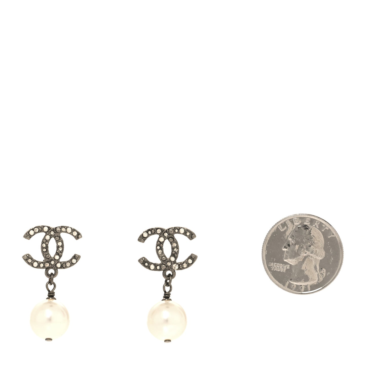 Pearl Crystal CC Drop Earrings Silver Pearly White
