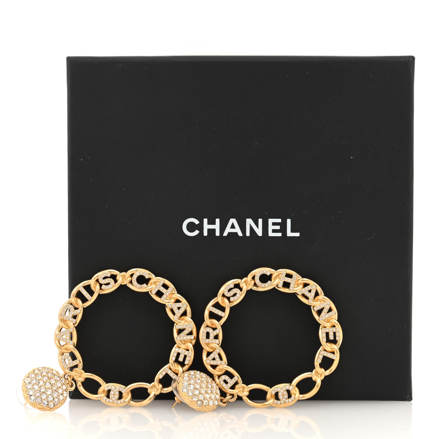 Metal Crystal CC Paris Chain Link Hoop Earrings Gold
