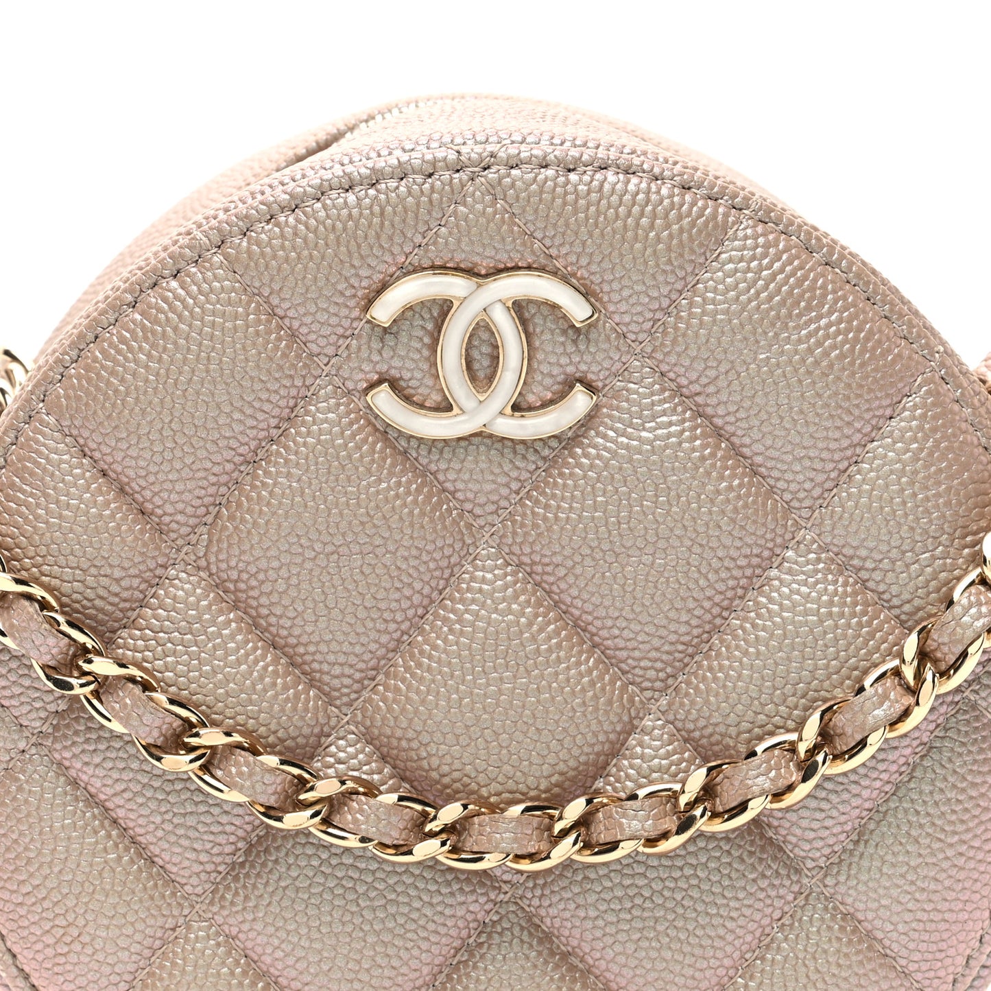 Iridescent Caviar Resin Quilted Round Clutch With Chain Beige