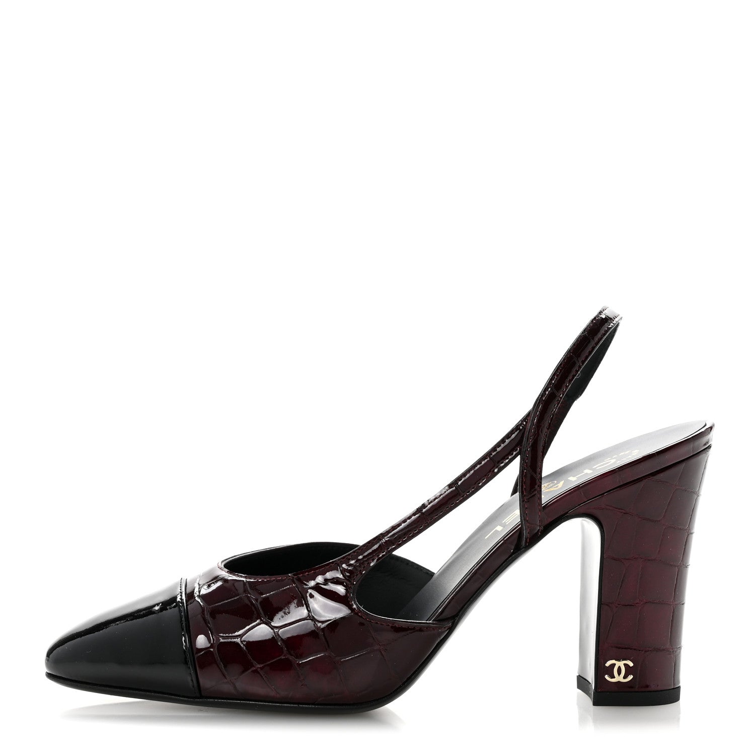 Chanel Patent Calfskin Crocodile Embossed Cap Toe CC Slingback